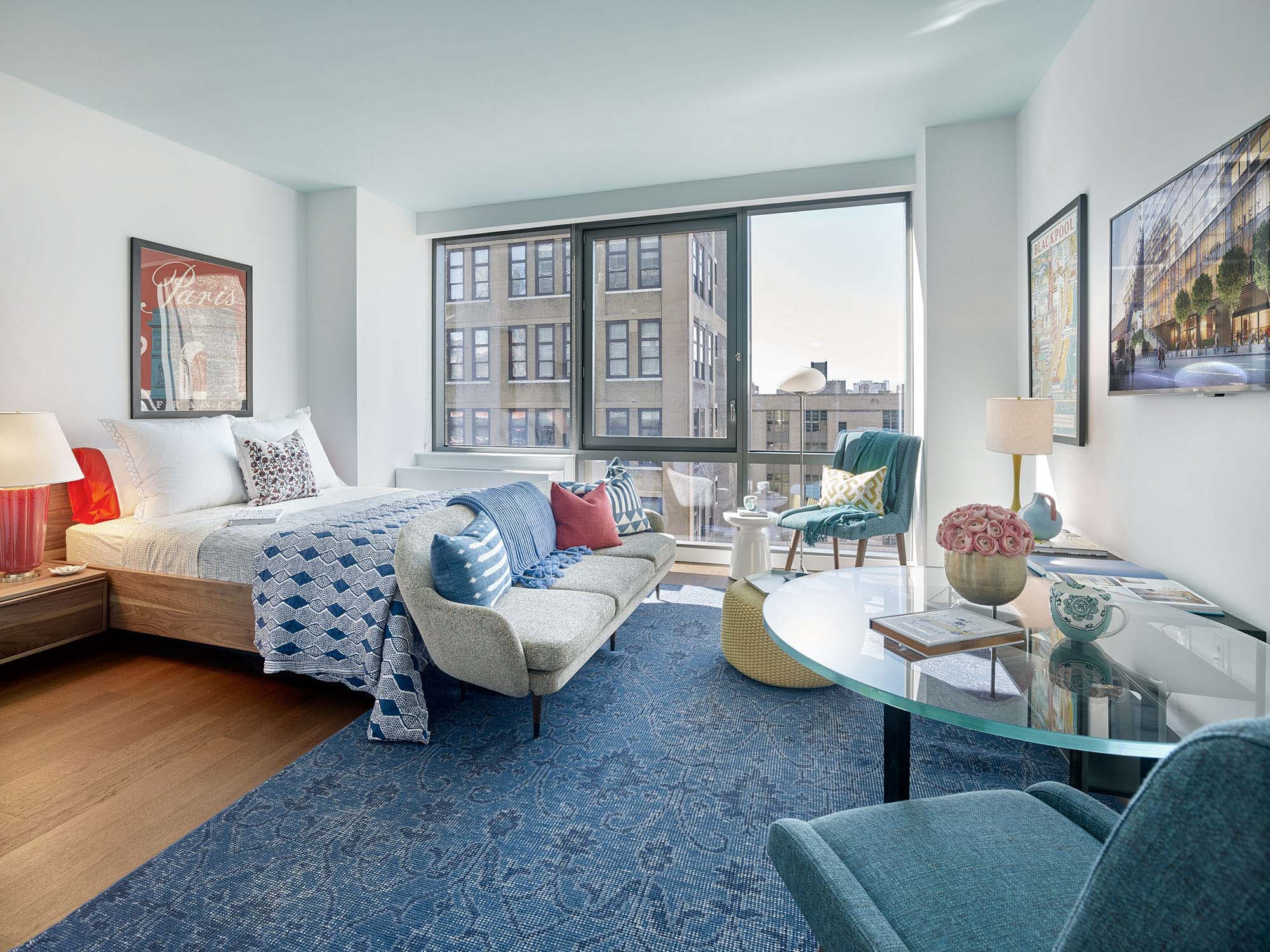 A bedroom in The Eugene apartment in Manhattan, New York.