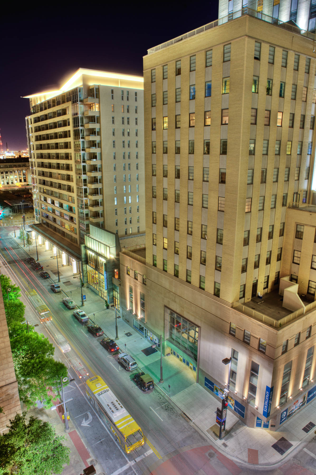 Exterior view of The Merc Apartments in Dallas, Texas.