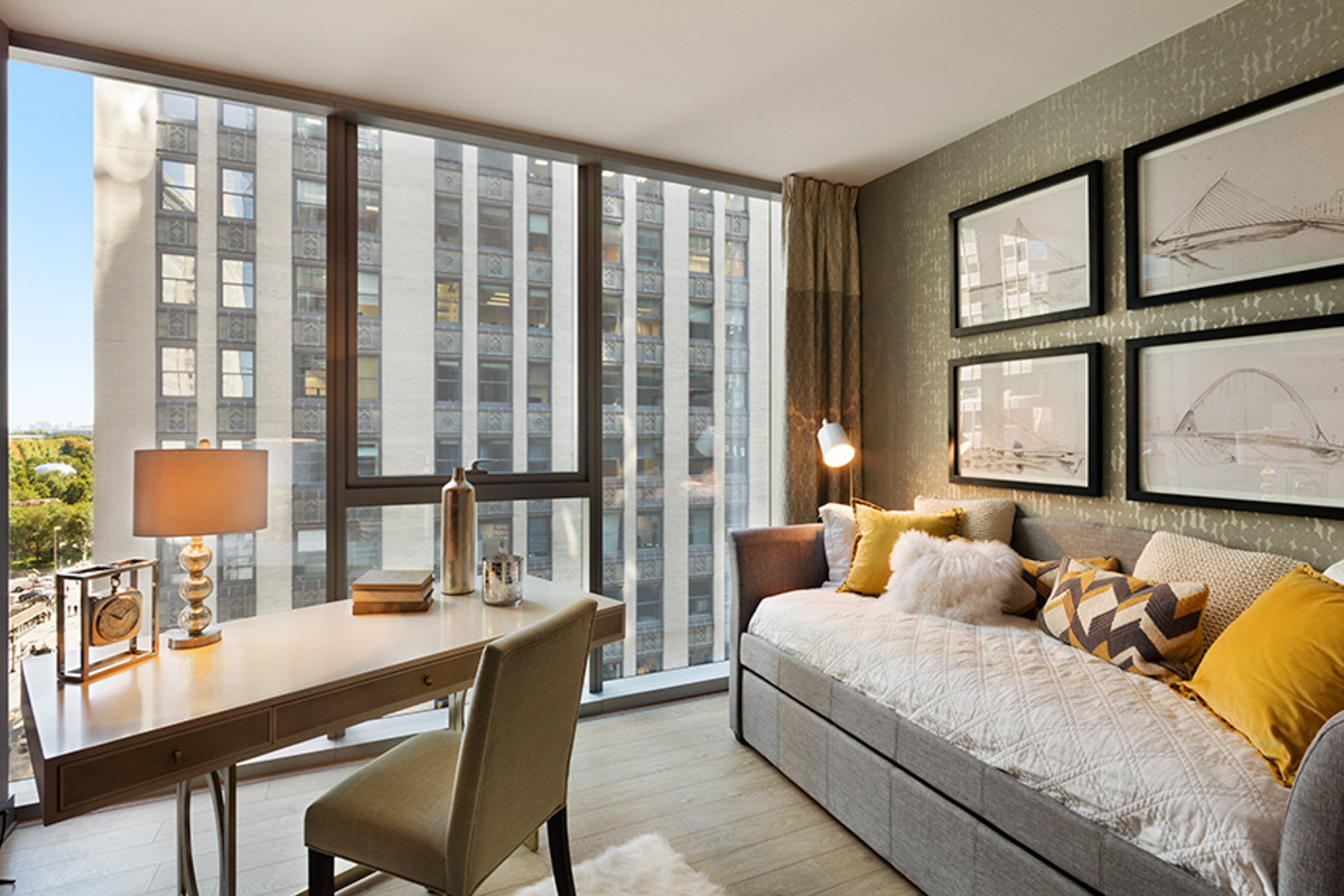 The living area in an apartment at MILA in Chicago, Illinois.