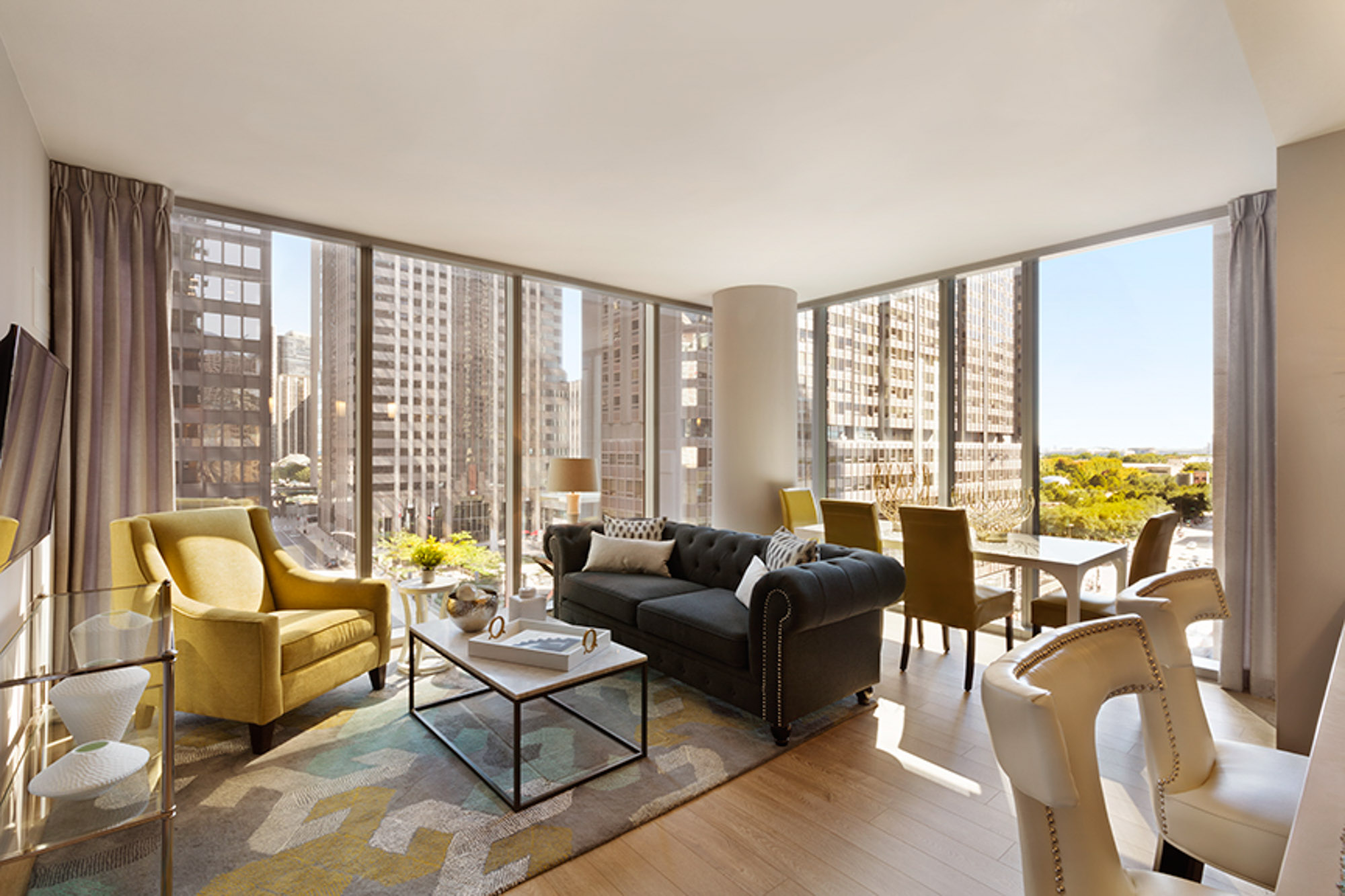 The living area in an apartment at MILA in Chicago, Illinois.