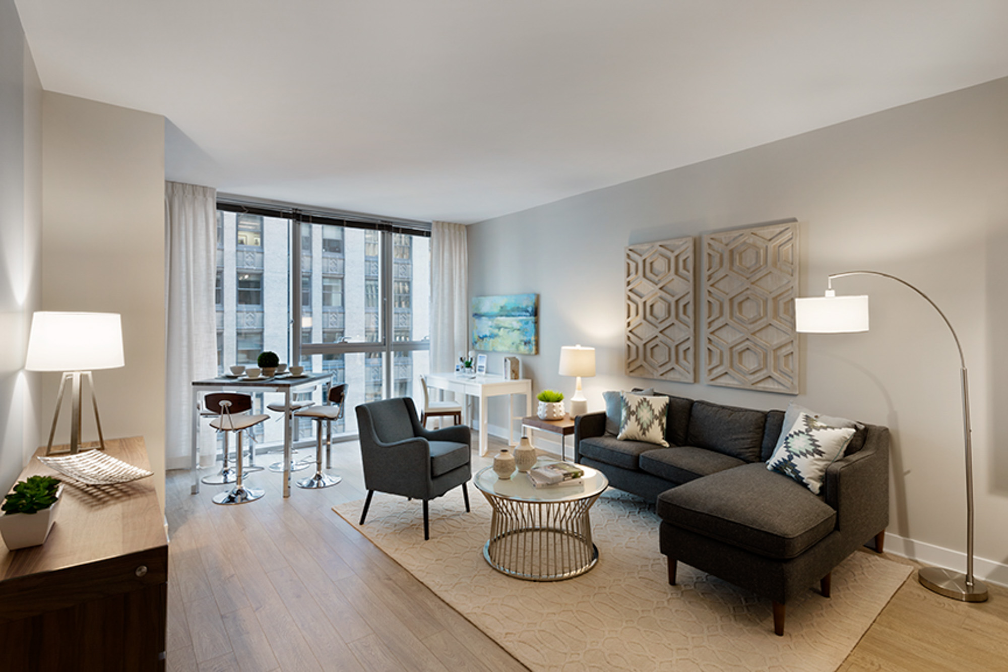 The living area in an apartment at MILA in Chicago, Illinois.