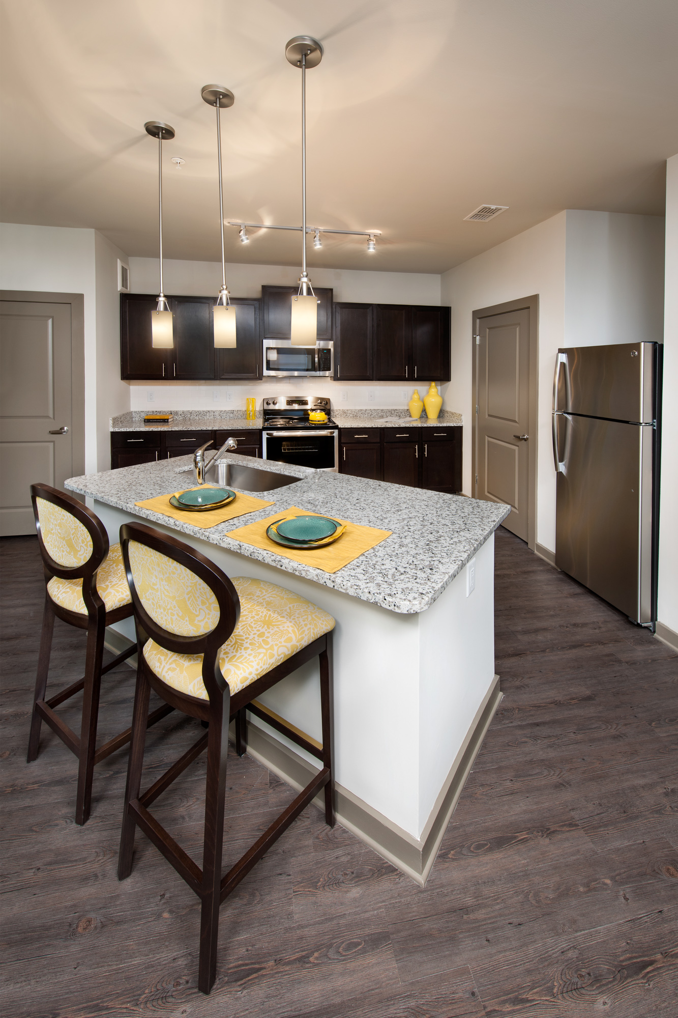 The kitchen of an apartment at Park 9 in Woodstock, GA.