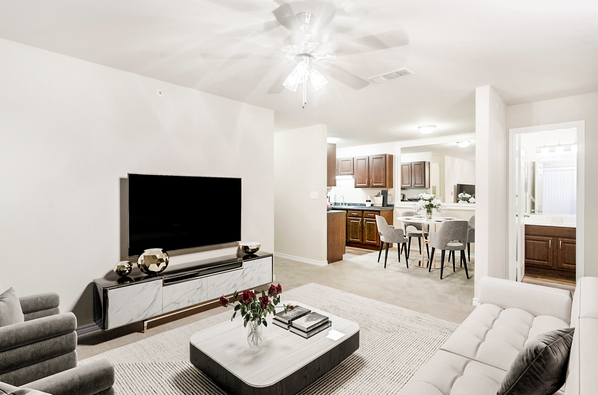 The living area in an apartment at The Gables of McKinney in McKinney, TX.