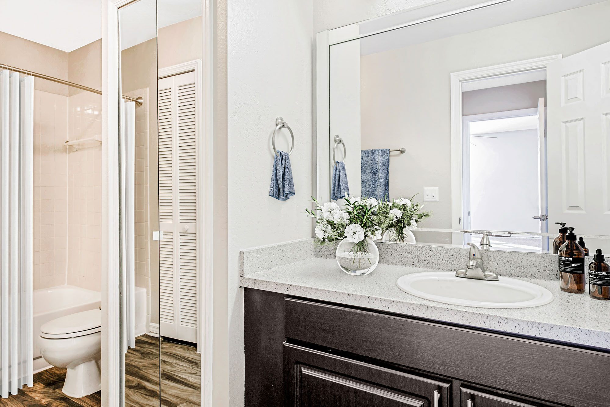 The interior of a bathroom at Oak Ramble apartments in Tampa, FL.