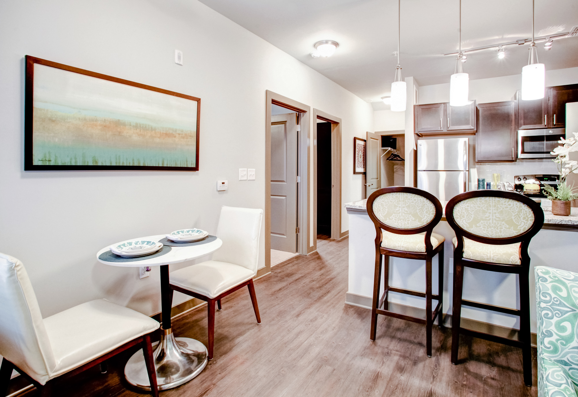 The kitchen of an apartment at Park 9 in Woodstock, GA.