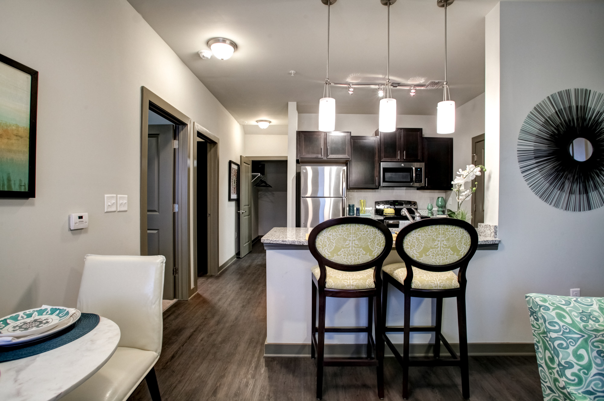 The kitchen of an apartment at Park 9 in Woodstock, GA.