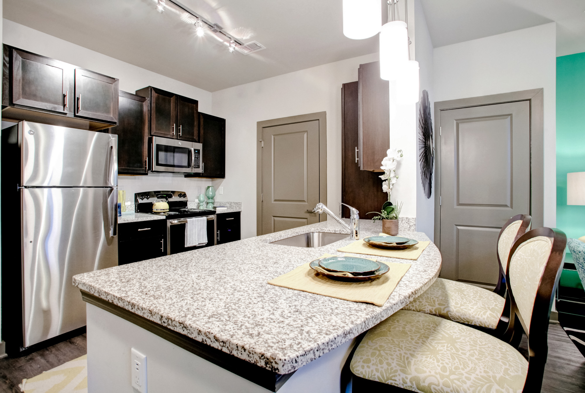 The kitchen of an apartment at Park 9 in Woodstock, GA.