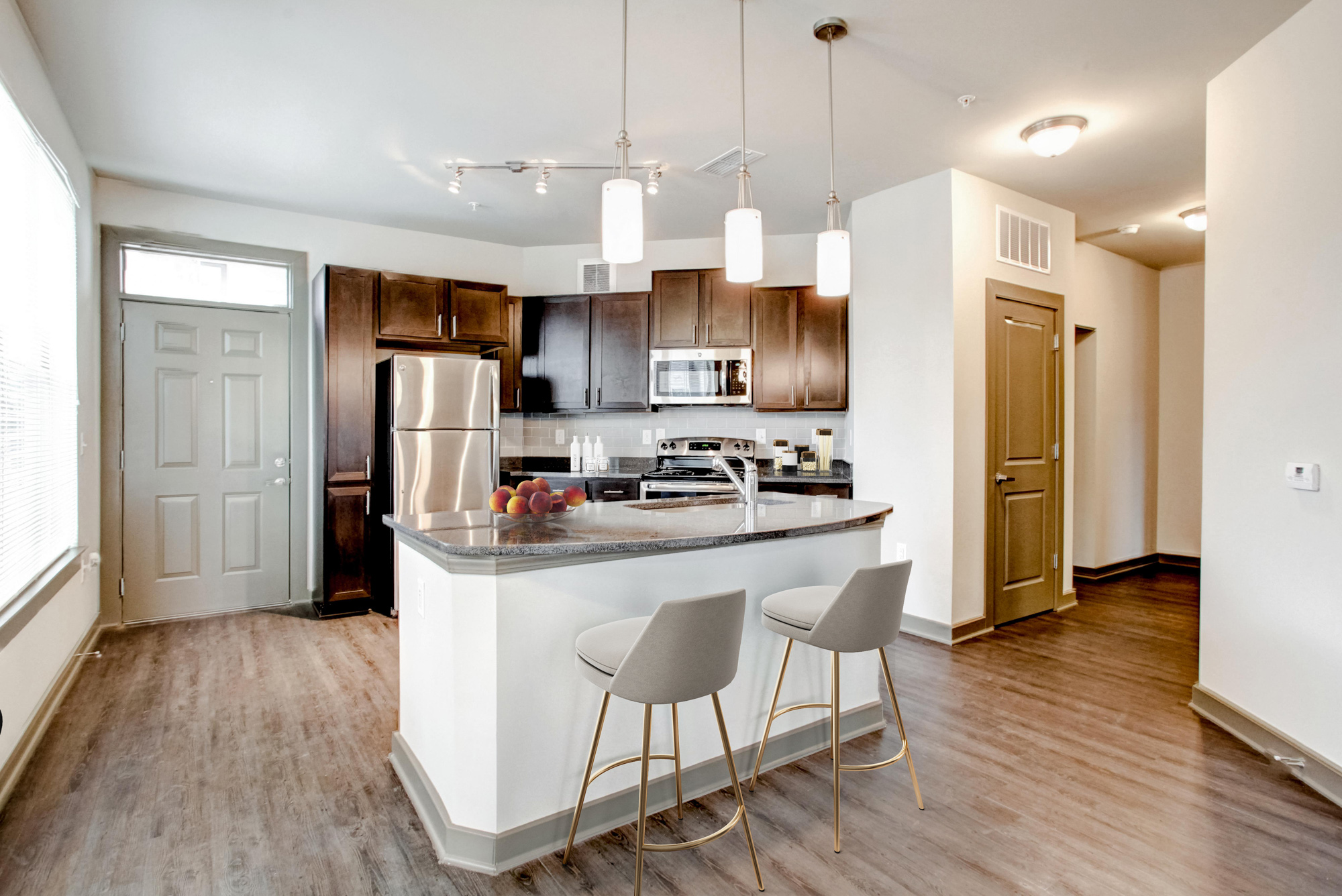 The kitchen of an apartment at Park 9 in Woodstock, GA.