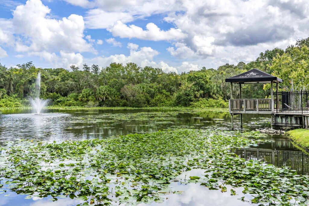 Oak Ramble lake with fountain and outdoor gazebo