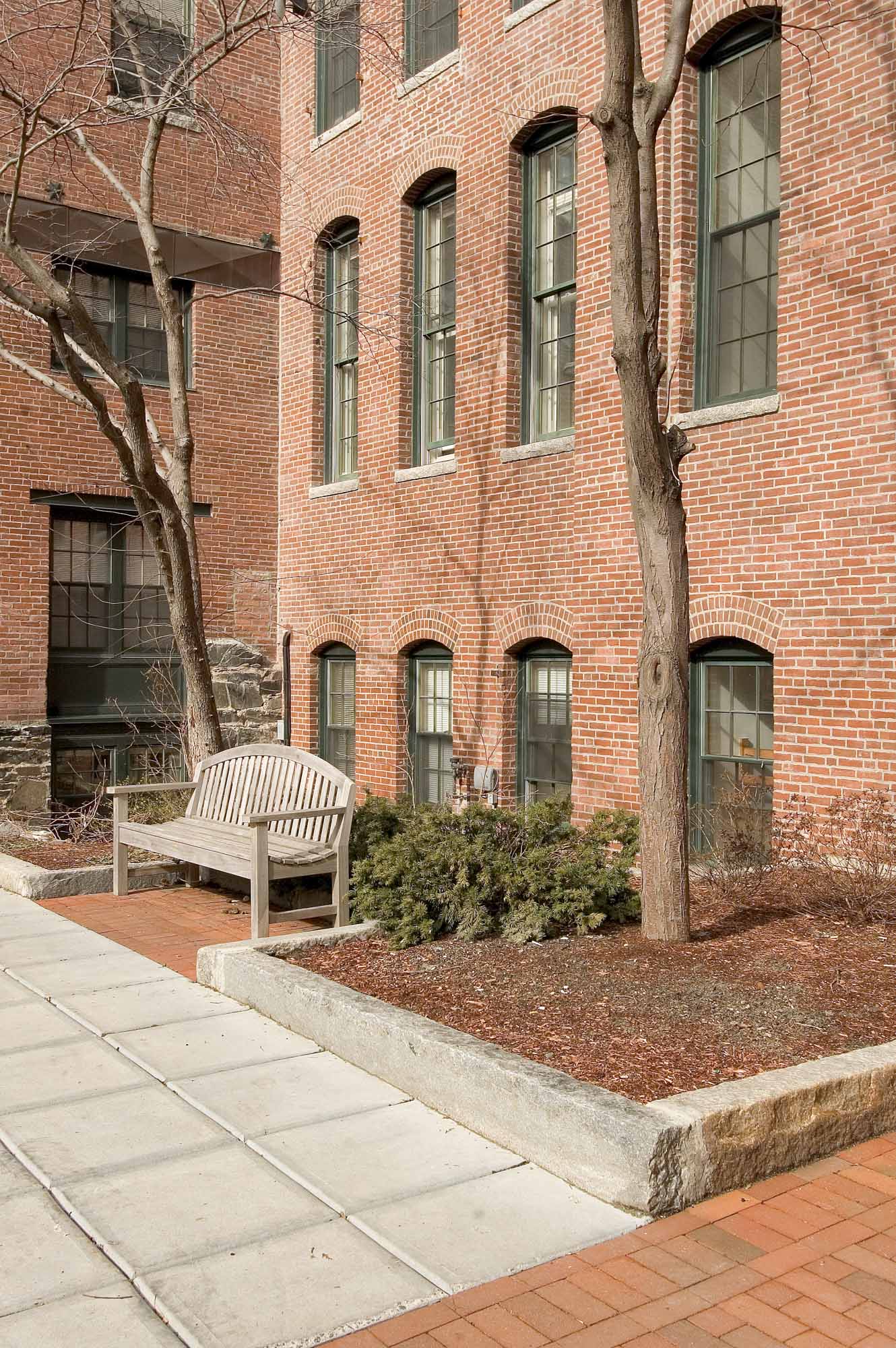 Outdoor seating at KBL apartments in Cambridge, Massachusetts.