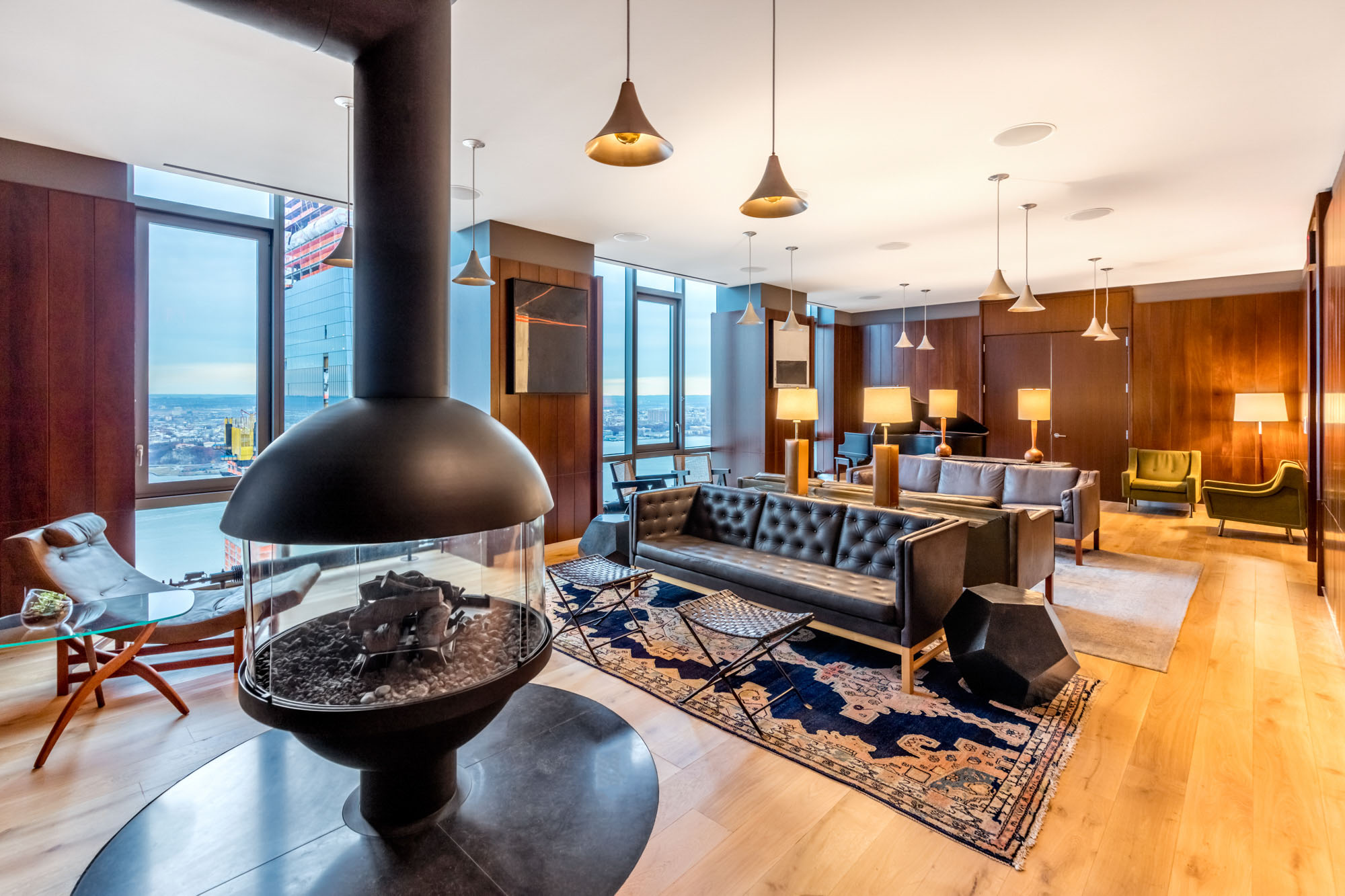 The piano lounge in The Eugene apartment in Manhattan, New York.