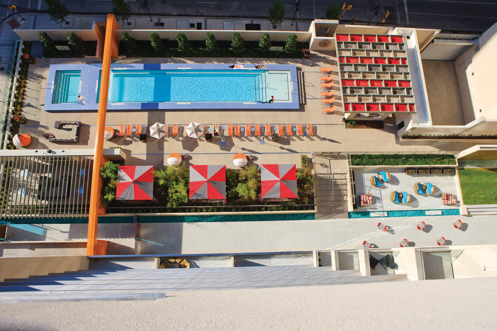 Aerial view of the pool patio at The Element Apartments in Dallas, TX