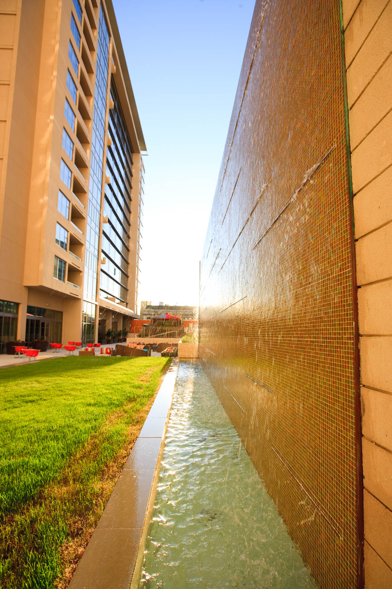 Pool deck fountain at The Element apartments in Dallas, TX