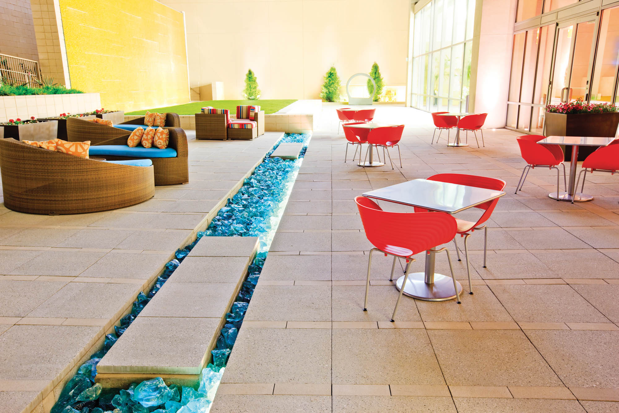 Pool patio of The Merc apartments in Mercantile Place in Dallas, TX