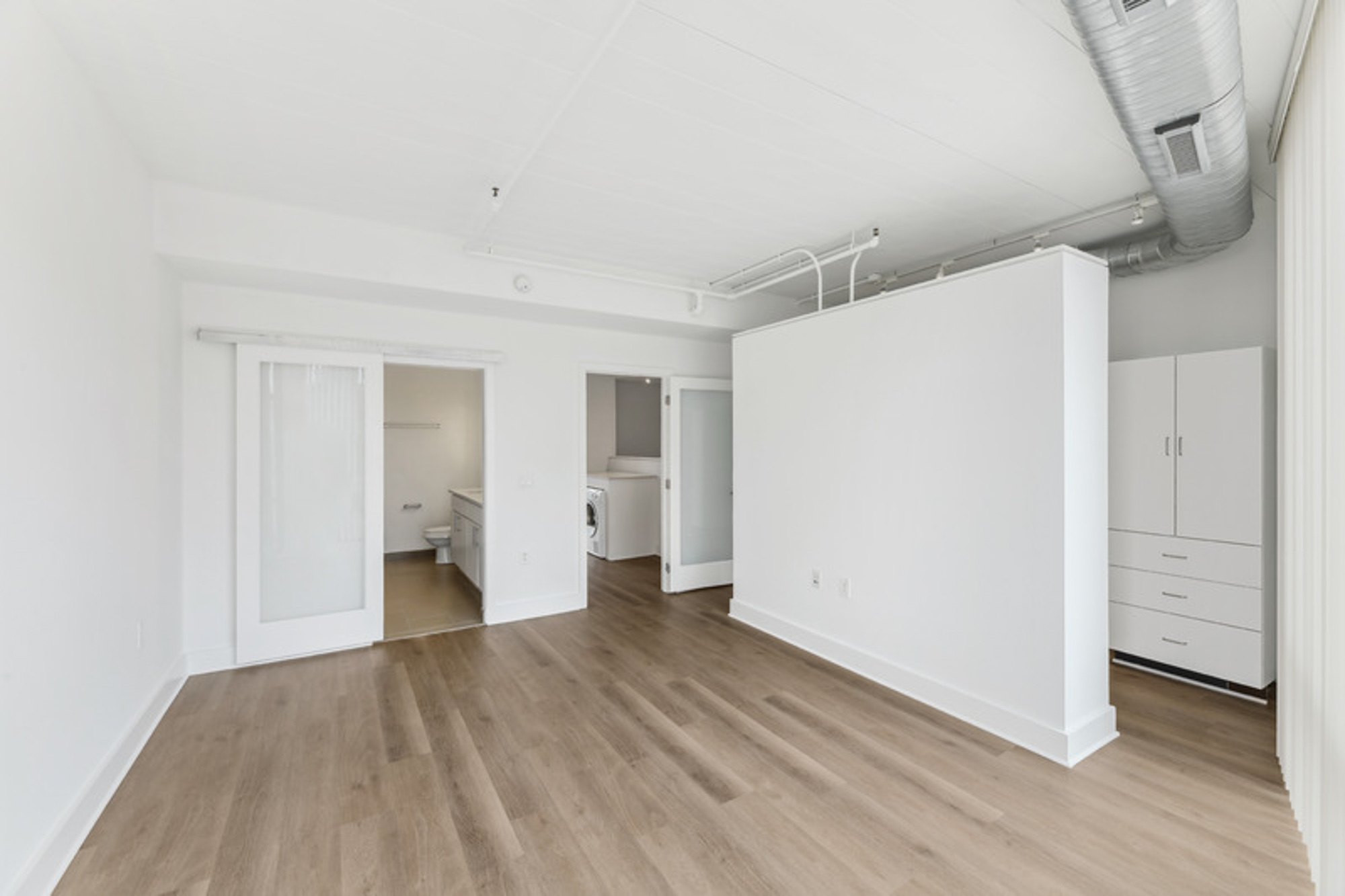 The bedroom in a Foundry Lofts apartment in Washington, D.C.