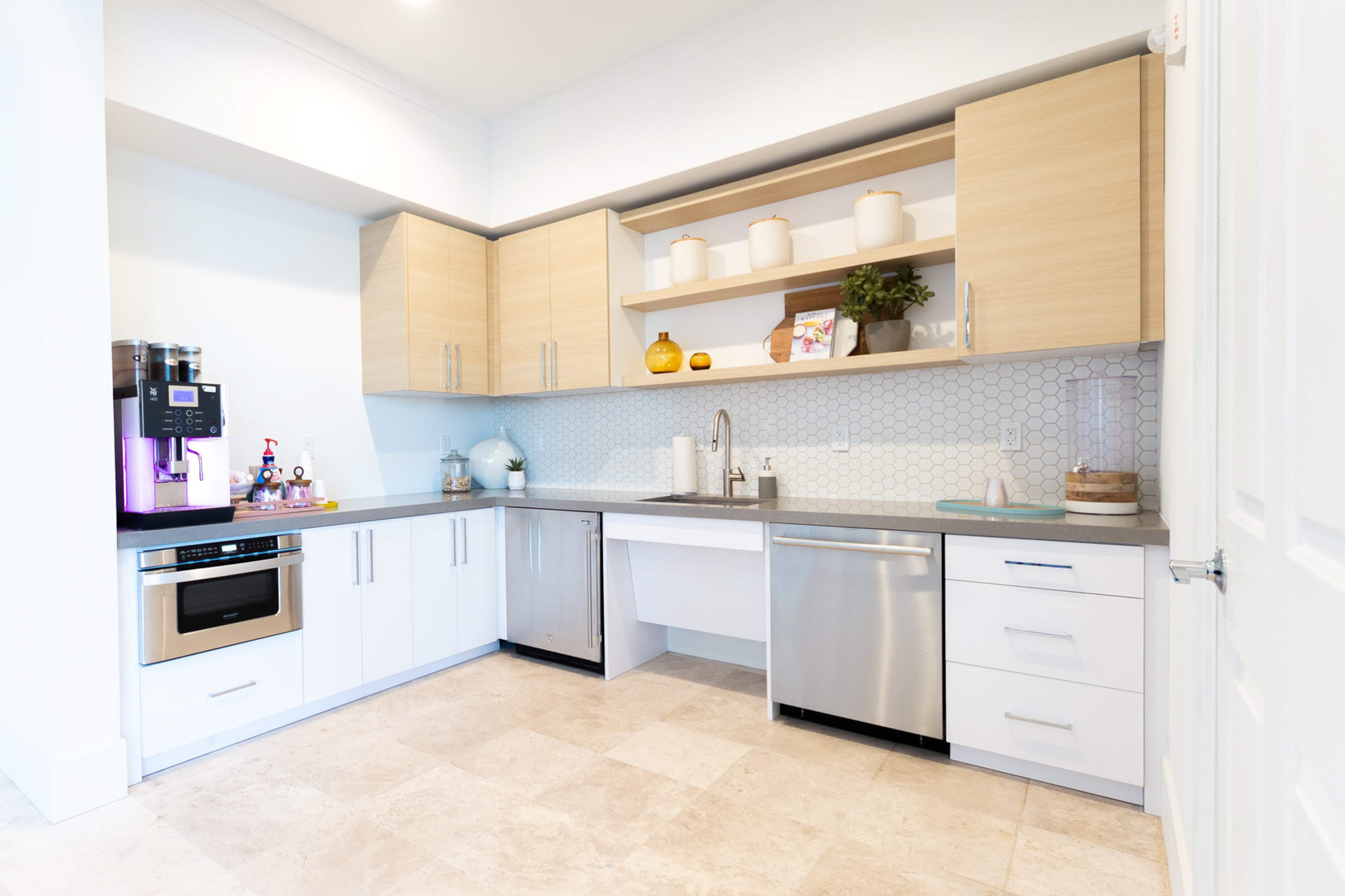 The clubhouse kitchen at Solano at Miramar apartments in Miramar, FL.