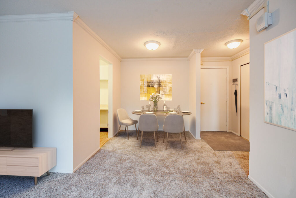 The dining area in an apartment in North Church Towers near Cleveland, Ohio.