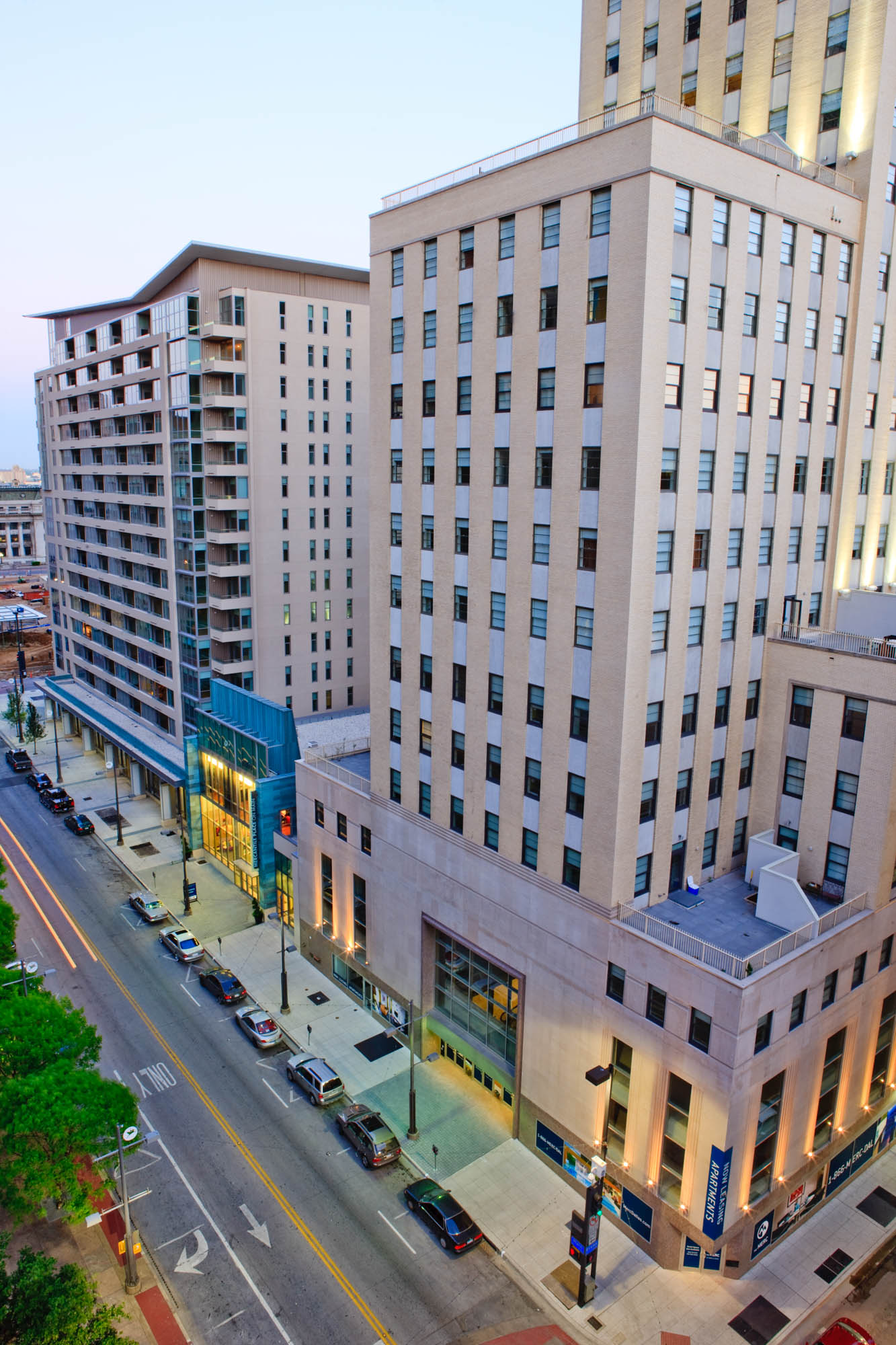 Dusk at The Element building in Dallas, TX