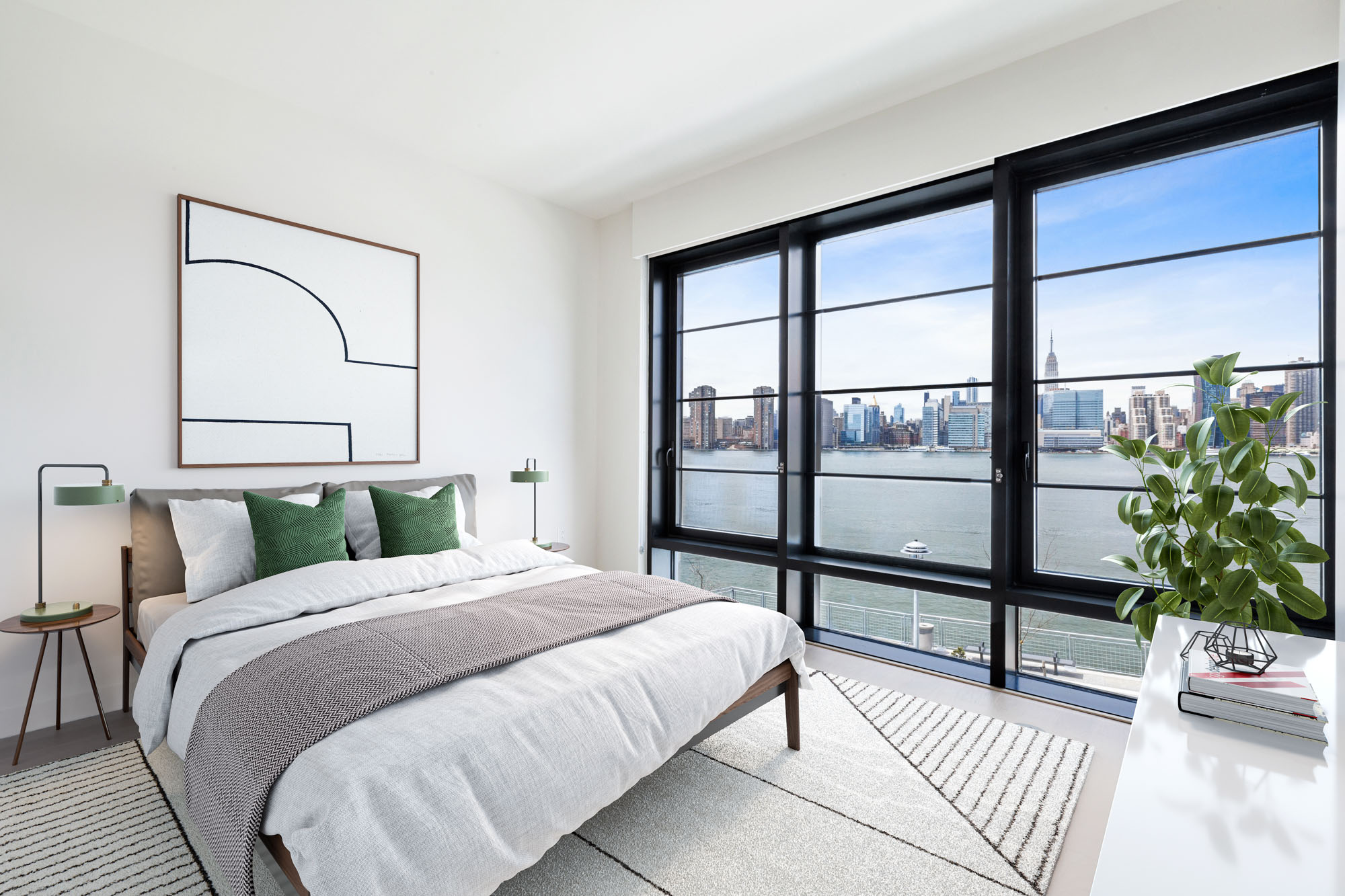 The bedroom at Two Blue Slip apartments in Greenpoint, Brooklyn, New York.