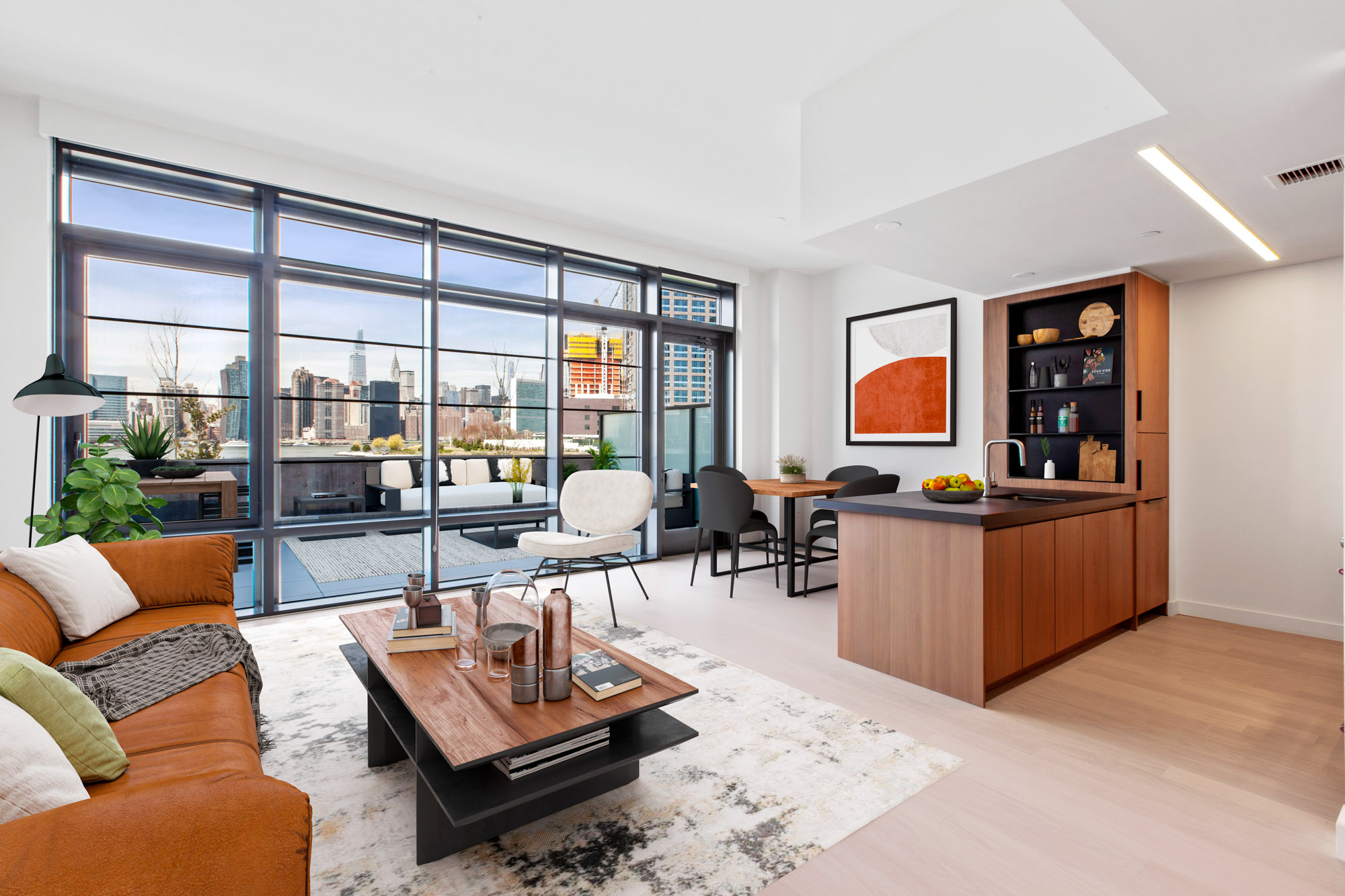 The living area at Two Blue Slip apartments in Greenpoint, Brooklyn, New York.