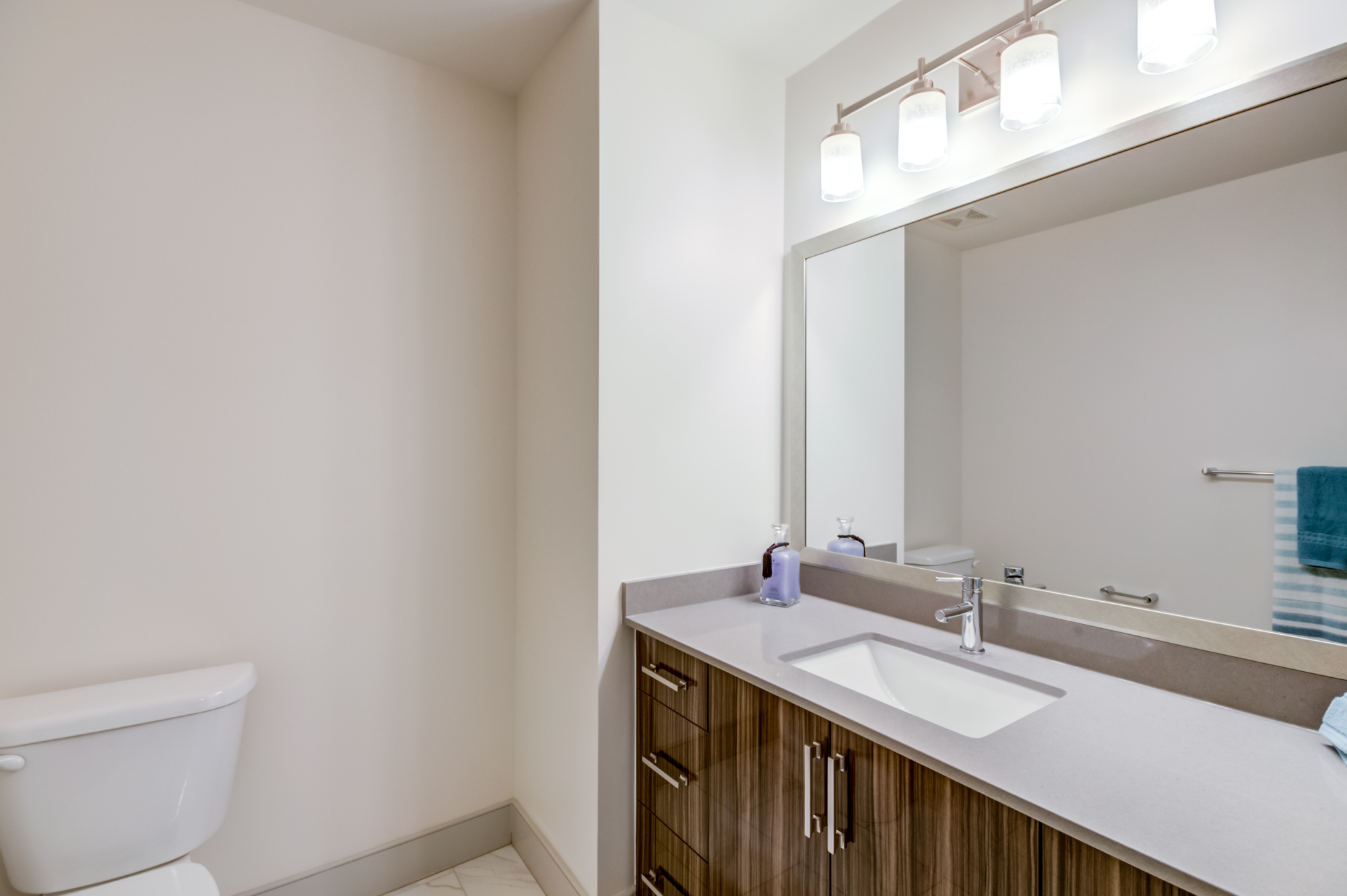 The bathroom in a Thayer and Spring apartment in downtown Silver Spring.