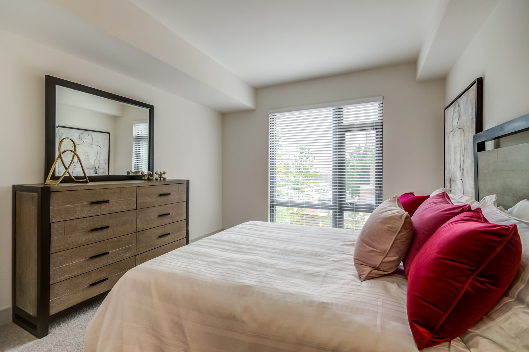 The bedroom in a Thayer and Spring apartment in downtown Silver Spring.