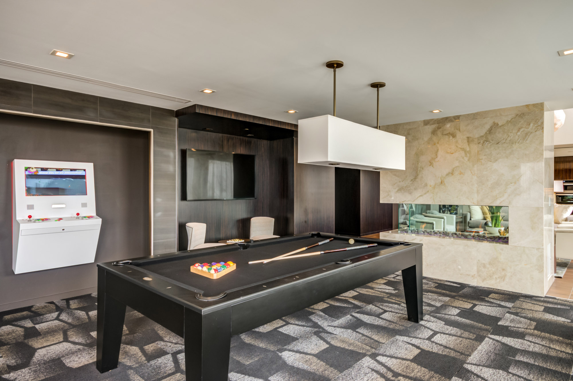 The game room at Thayer and Spring luxury apartments in downtown Silver Spring.