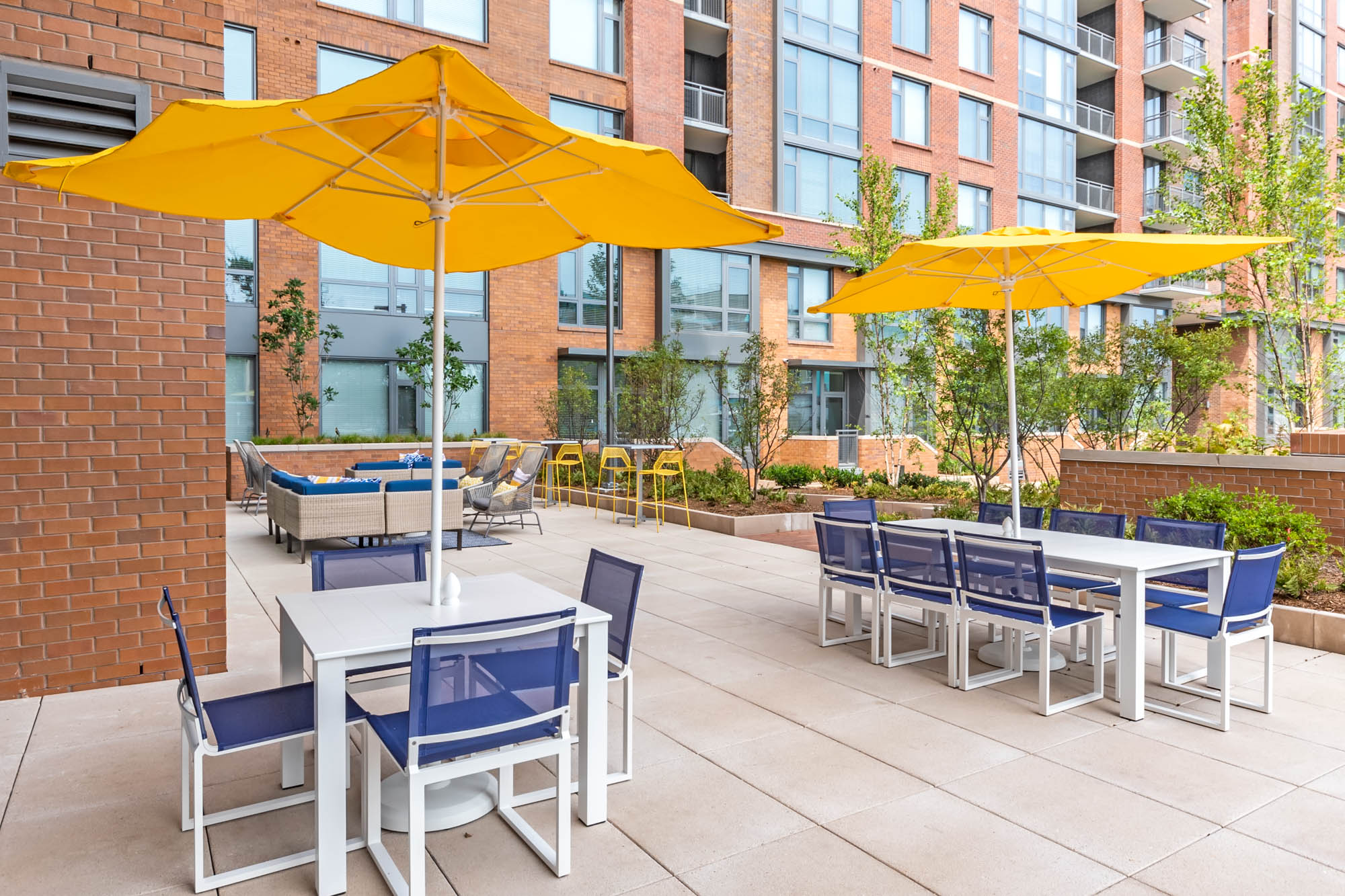 The outdoor terrace at Thayer and Spring luxury apartments in downtown Silver Spring.