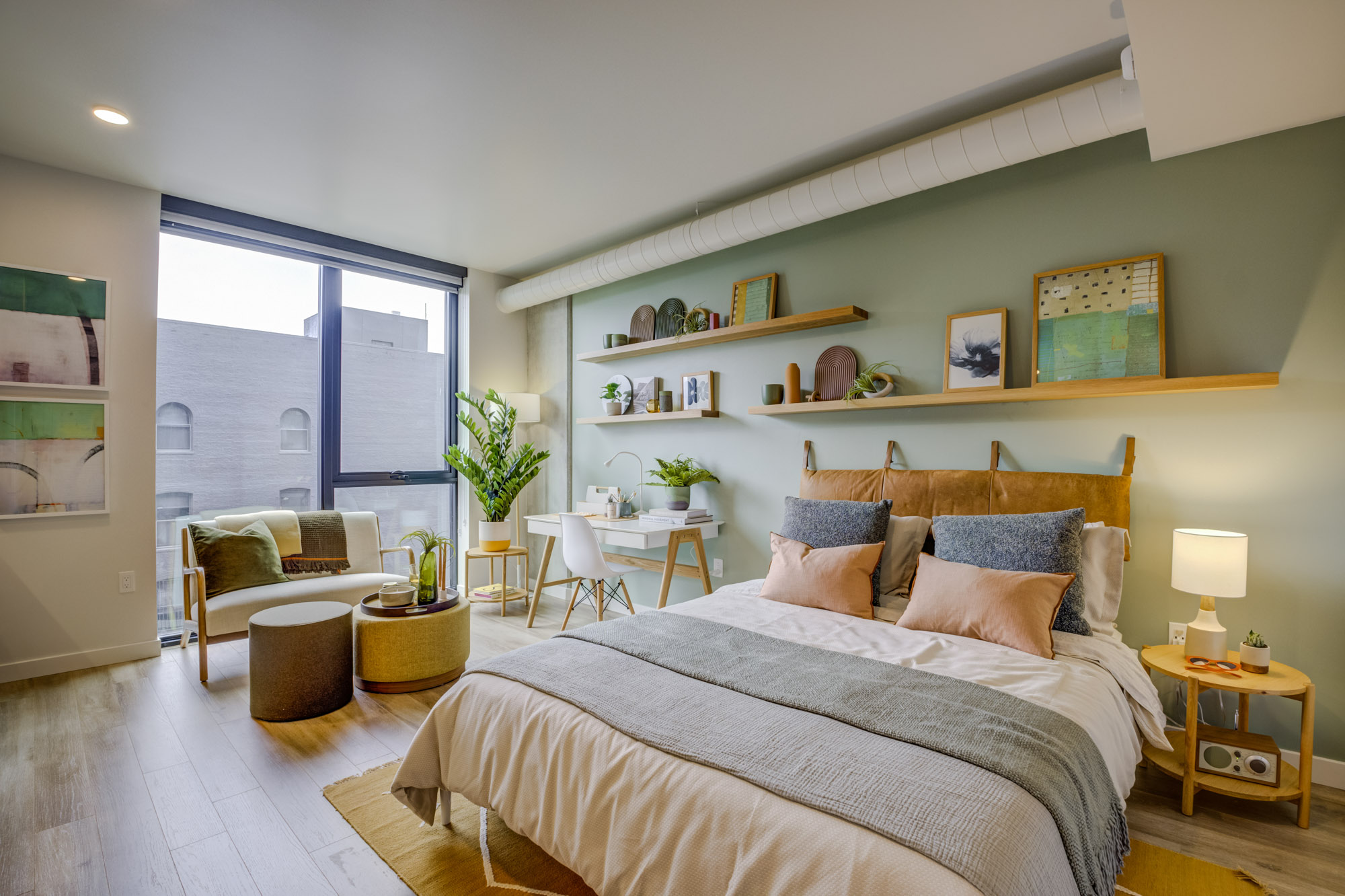 An apartment bedroom at The George apartments in San Francisco, CA