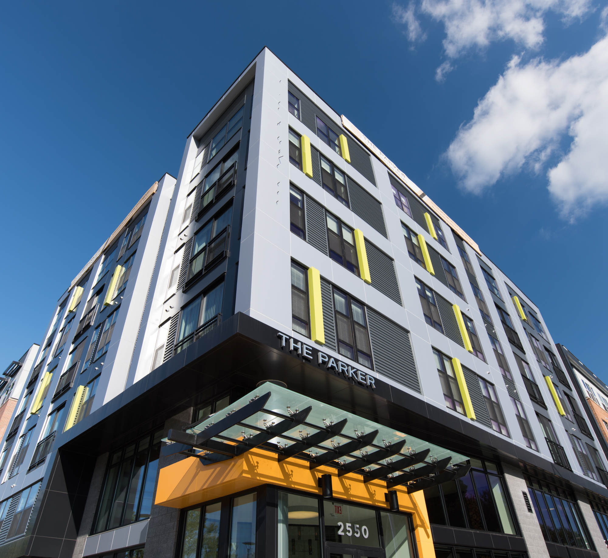 The exterior of The Parker at Huntington Metro apartments in Alexandria, VA.