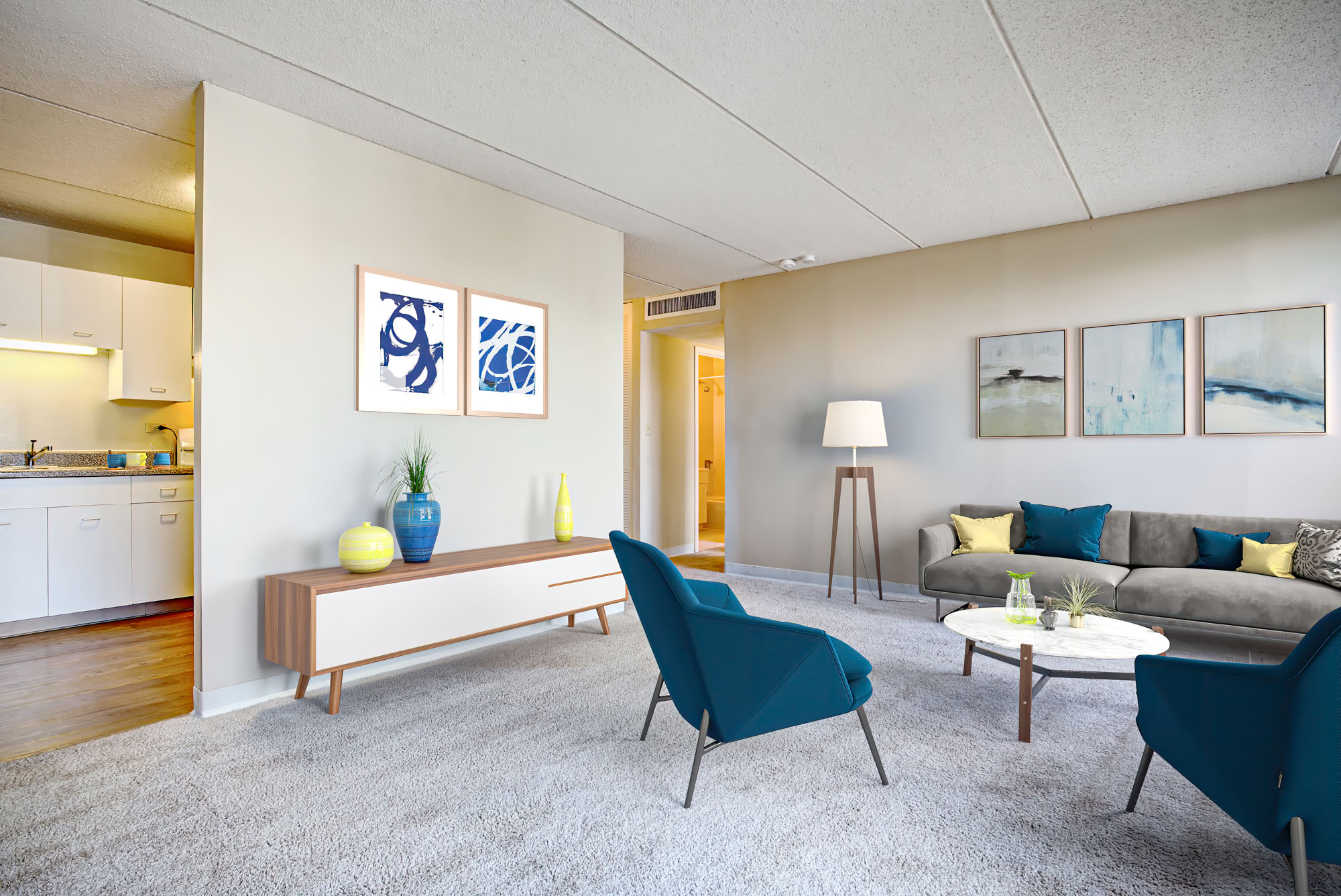 Living room at The Pavilion apartments in Chicago, IL