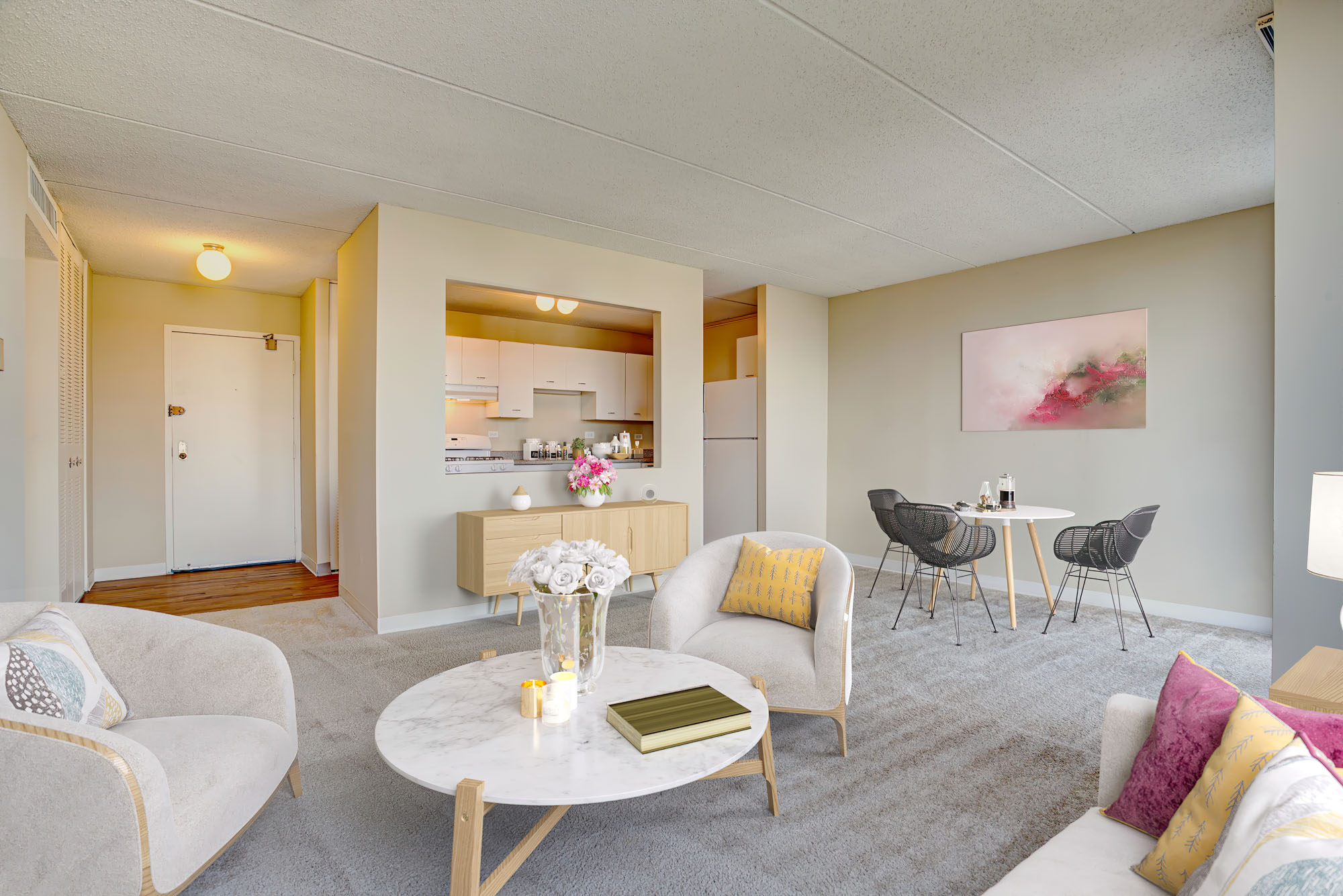 Living room at The Pavilion apartments in Chicago, IL