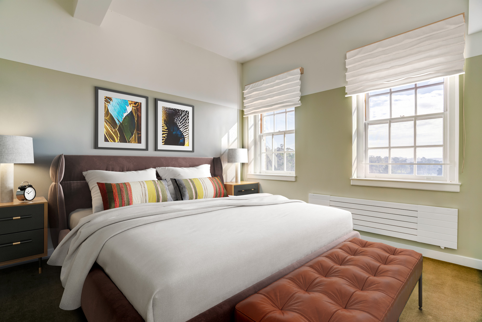 A bedroom in a Presidio Landmark apartment in San Francisco, CA.