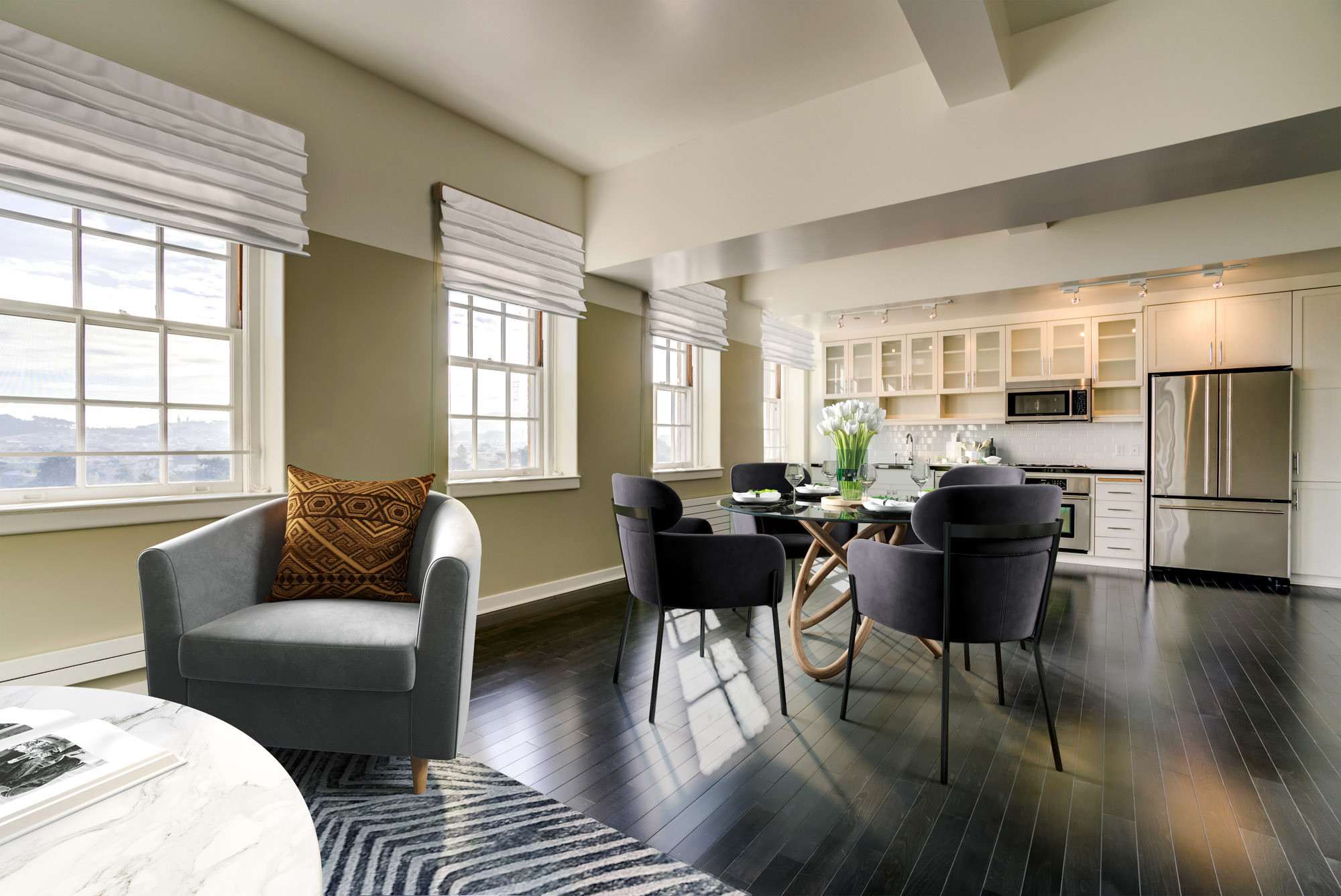 A living area in a Presidio Landmark apartment in San Francisco, CA.