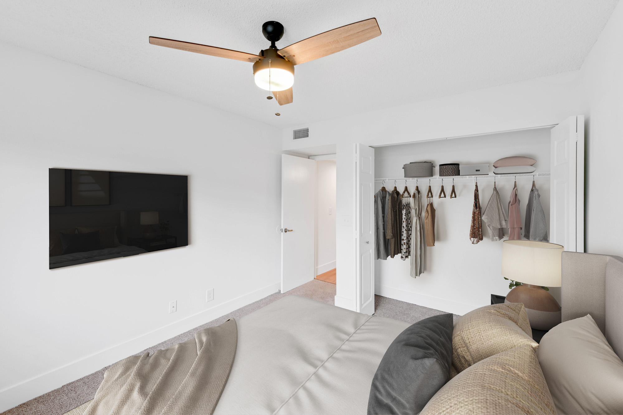 The interior of a bedroom at The Reserve at Ashely Lake apartments.