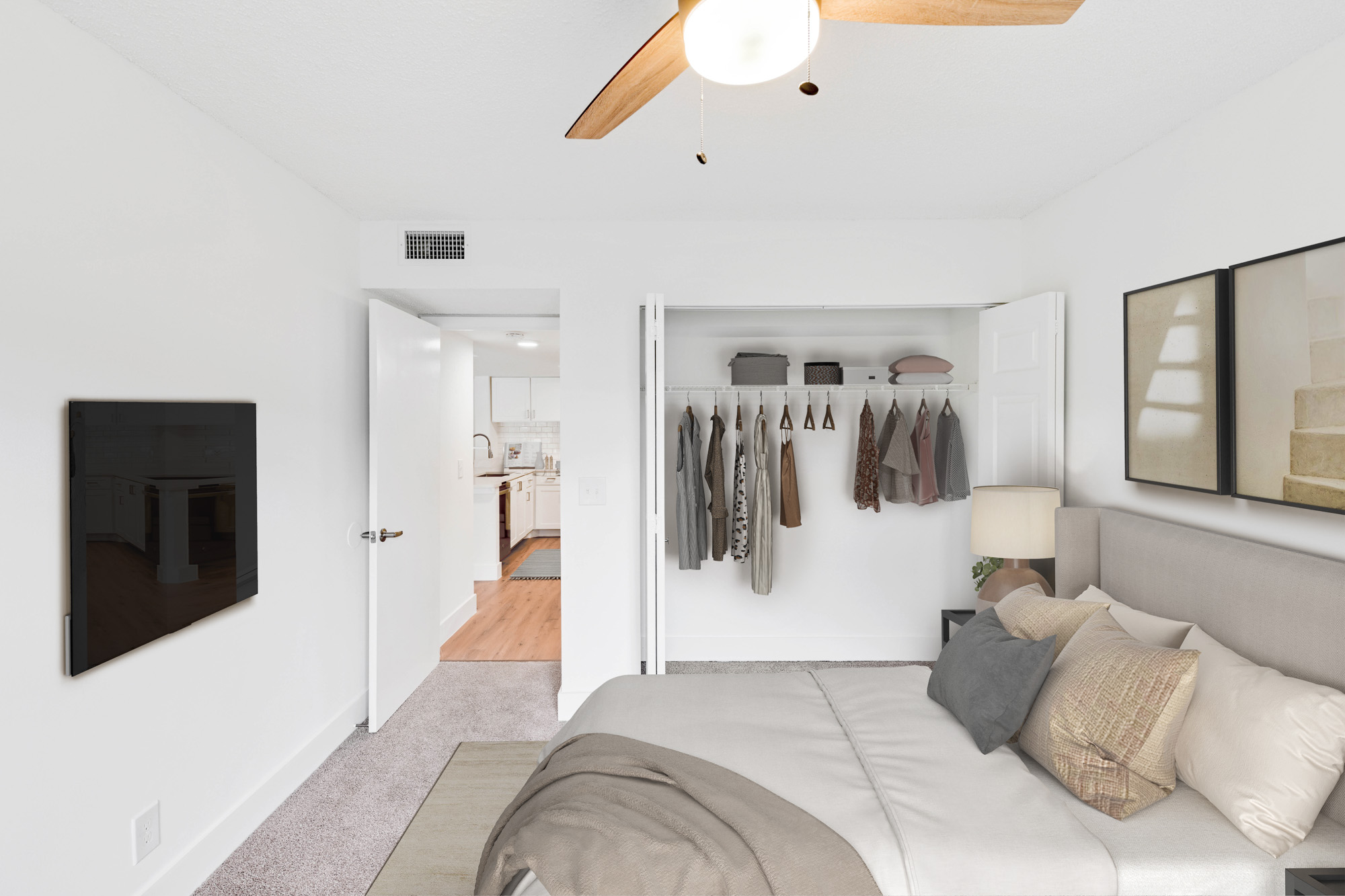 The interior of a bedroom at The Reserve at Ashely Lake apartments.