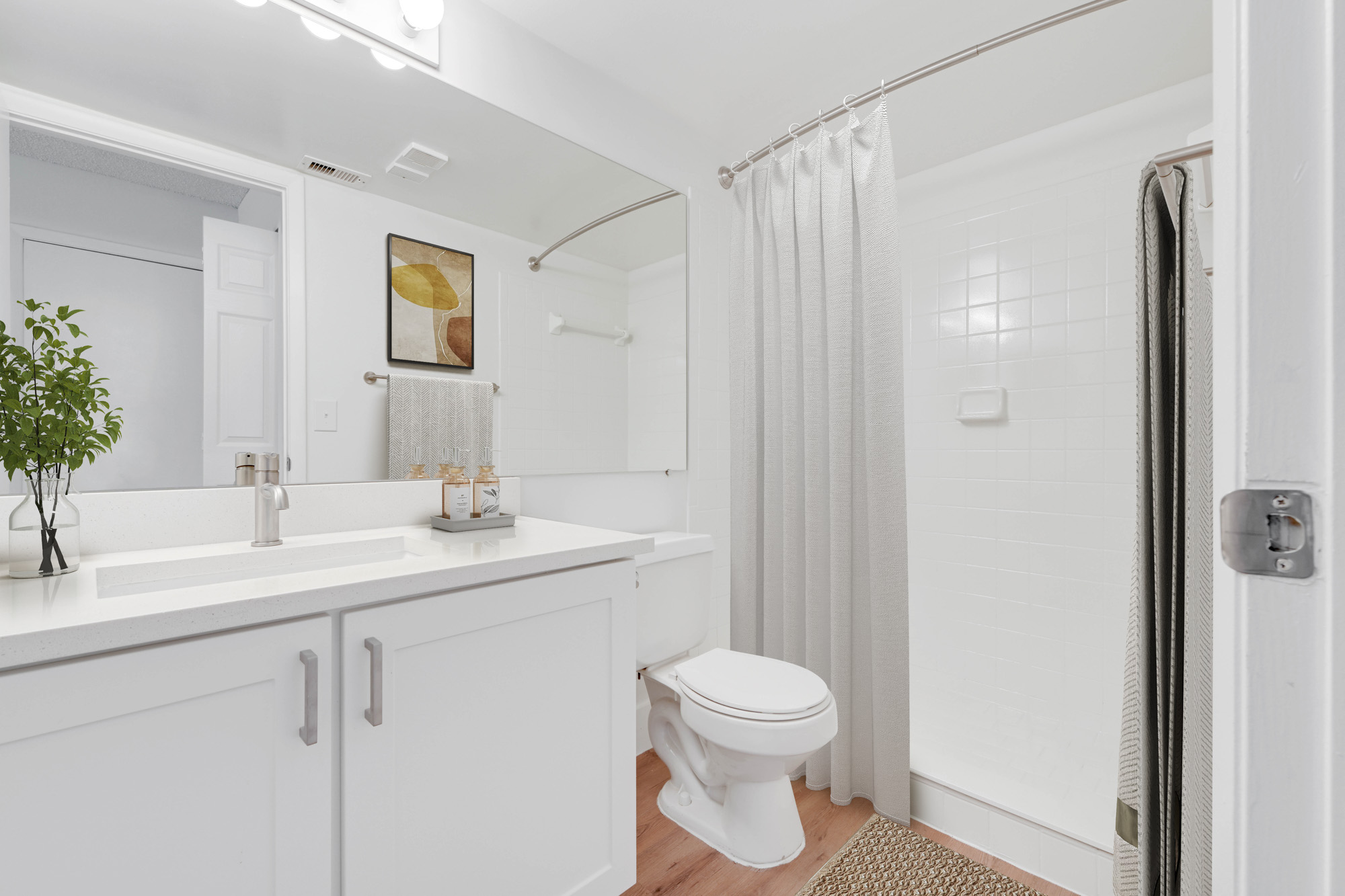 The interior of a bathroom at The Reserve at Ashely Lake apartments.