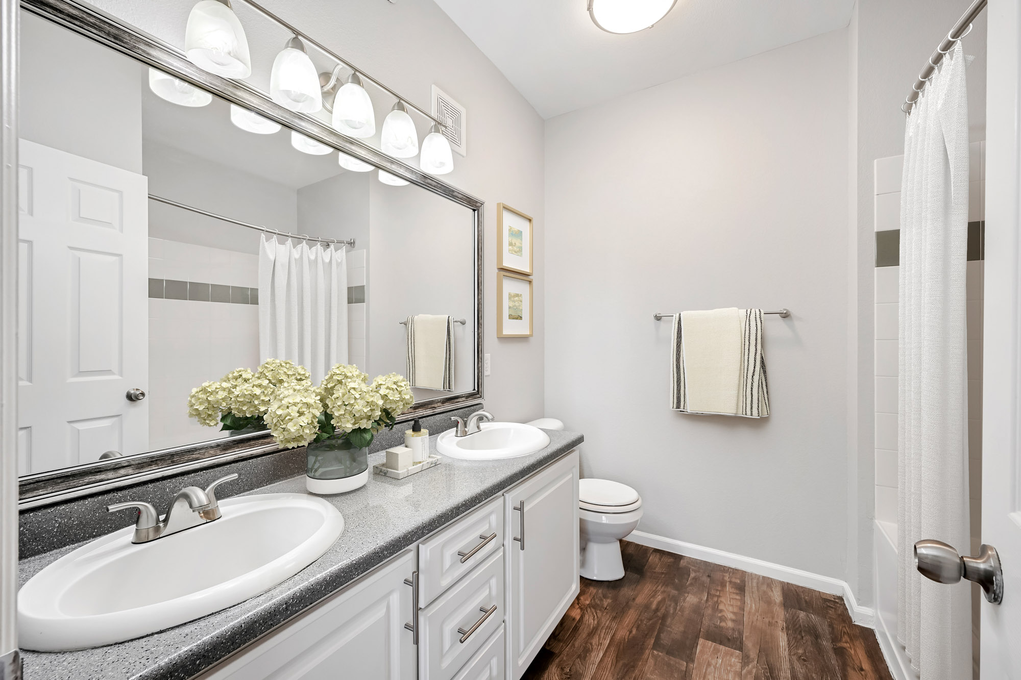 A bathroom in an apartment at The Village at Legacy Ridge near Denver, Colorado.