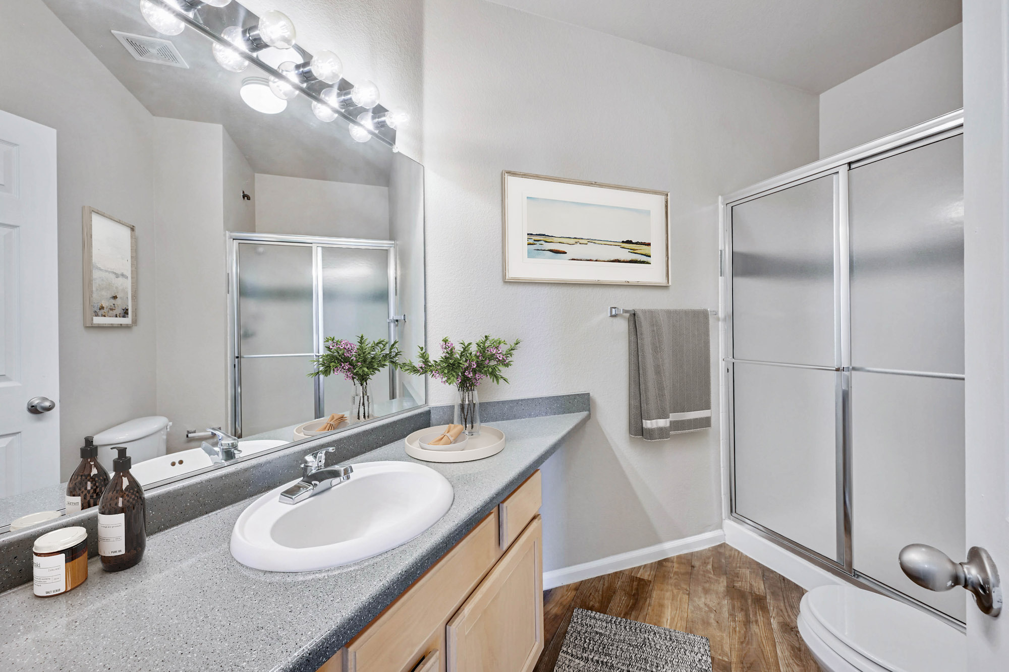 A bathroom in an apartment at The Village at Legacy Ridge near Denver, Colorado.