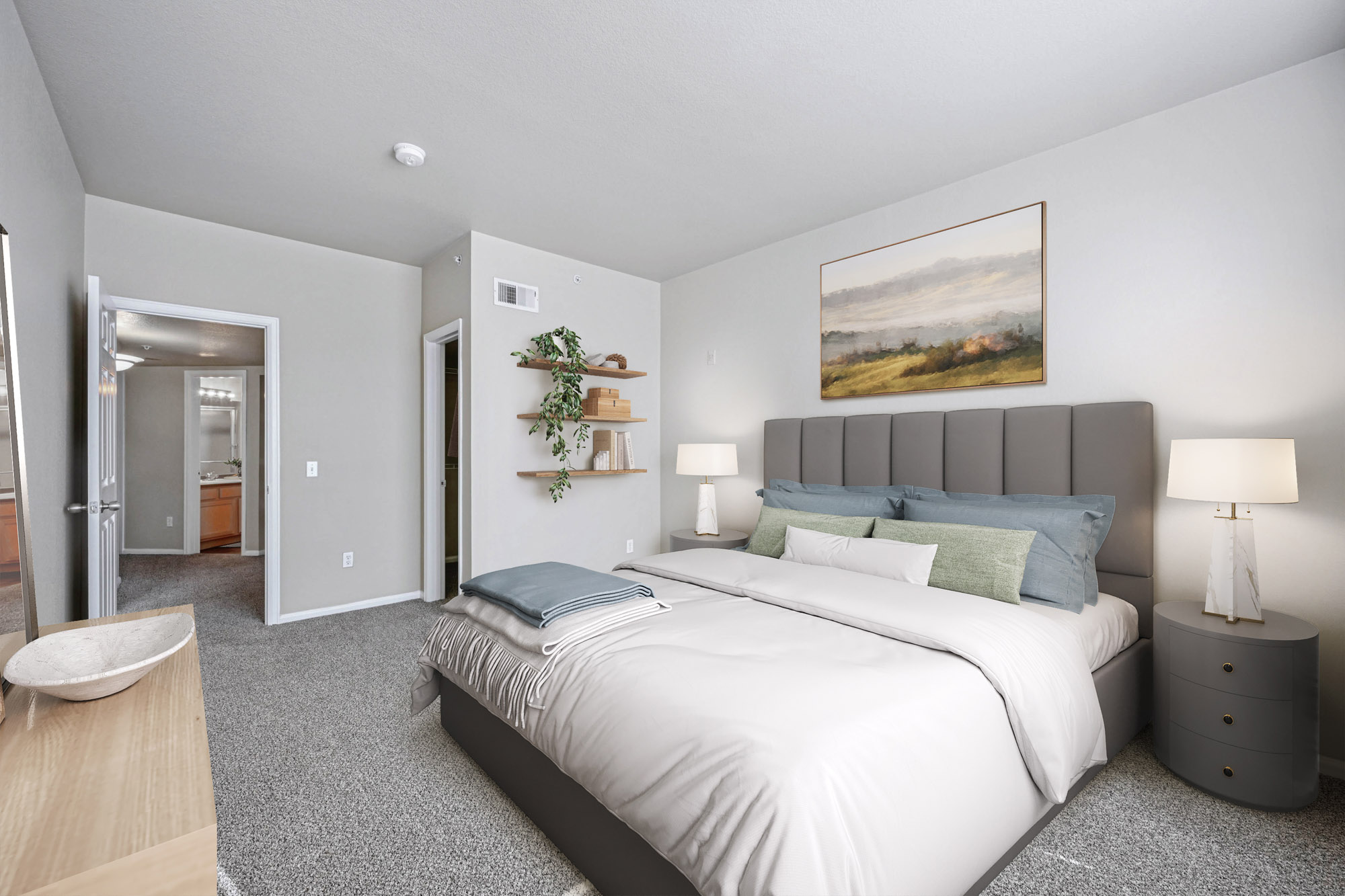 A bedroom in an apartment at The Village at Legacy Ridge near Denver, Colorado.