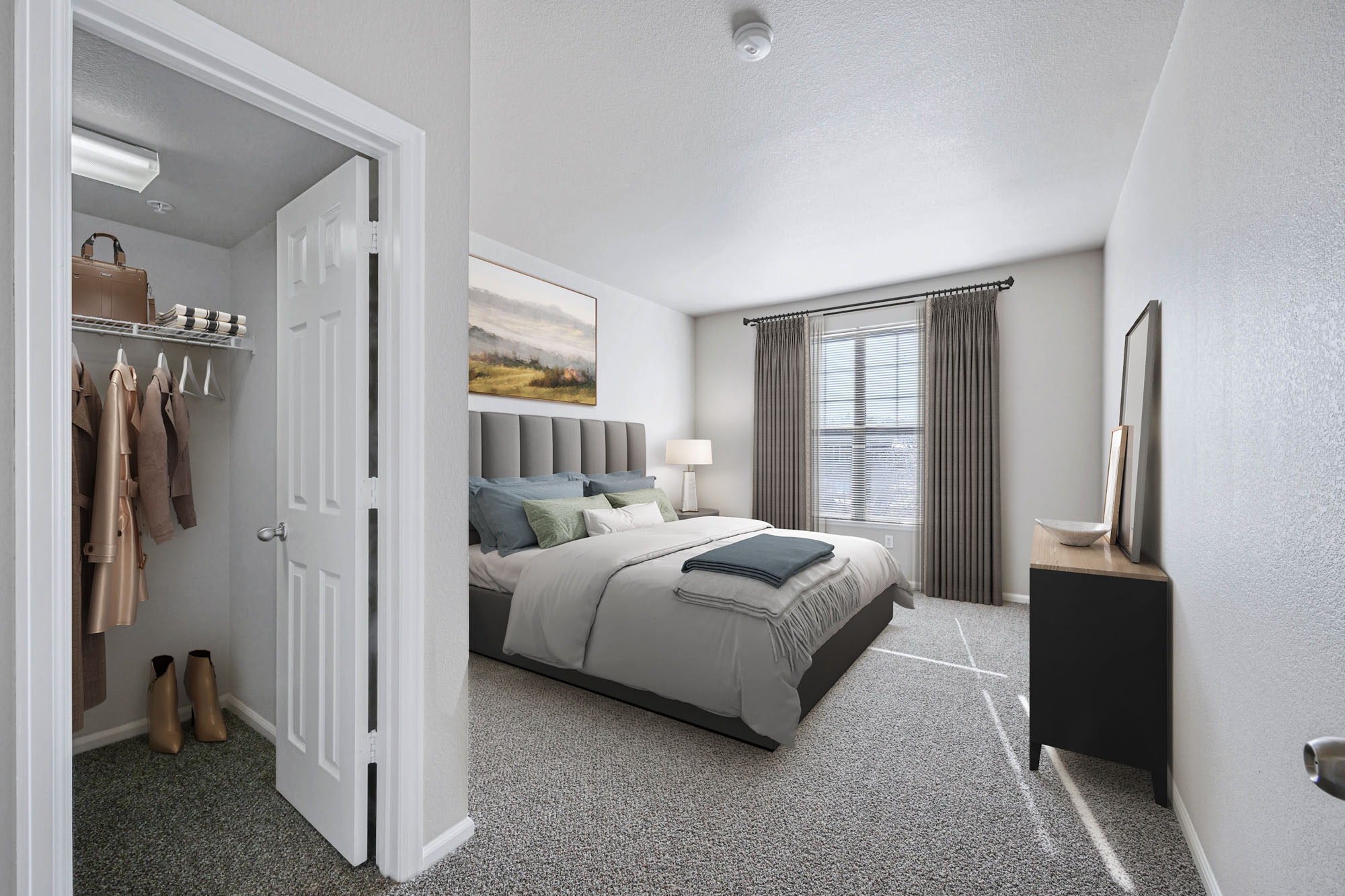 A bedroom in an apartment at The Village at Legacy Ridge near Denver, Colorado.