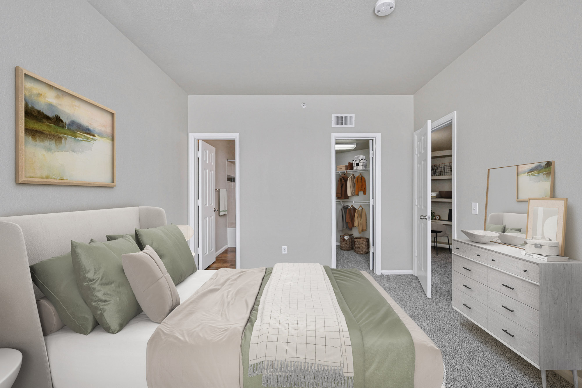 A bedroom in an apartment at The Village at Legacy Ridge near Denver, Colorado.