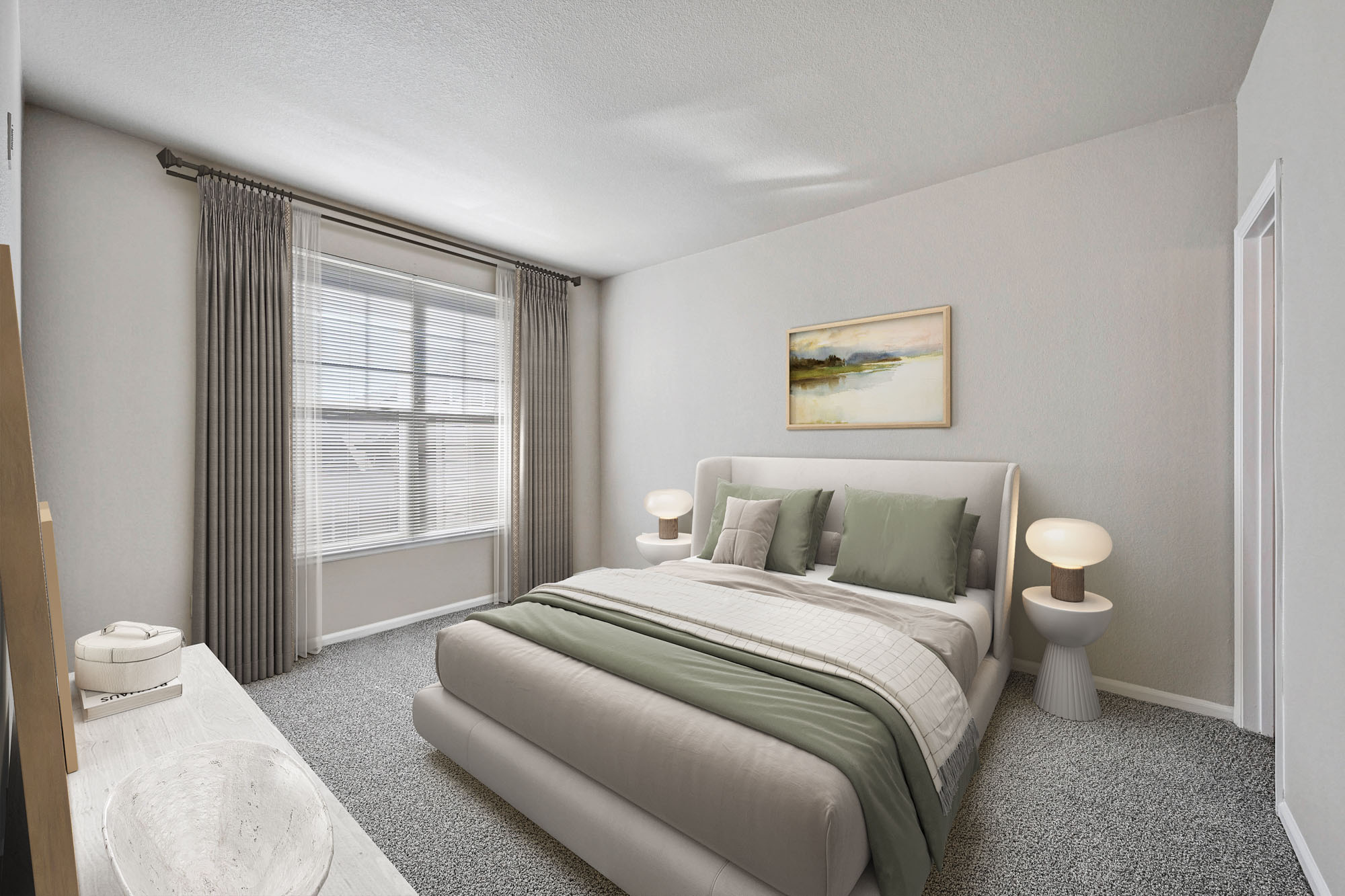 A bedroom in an apartment at The Village at Legacy Ridge near Denver, Colorado.