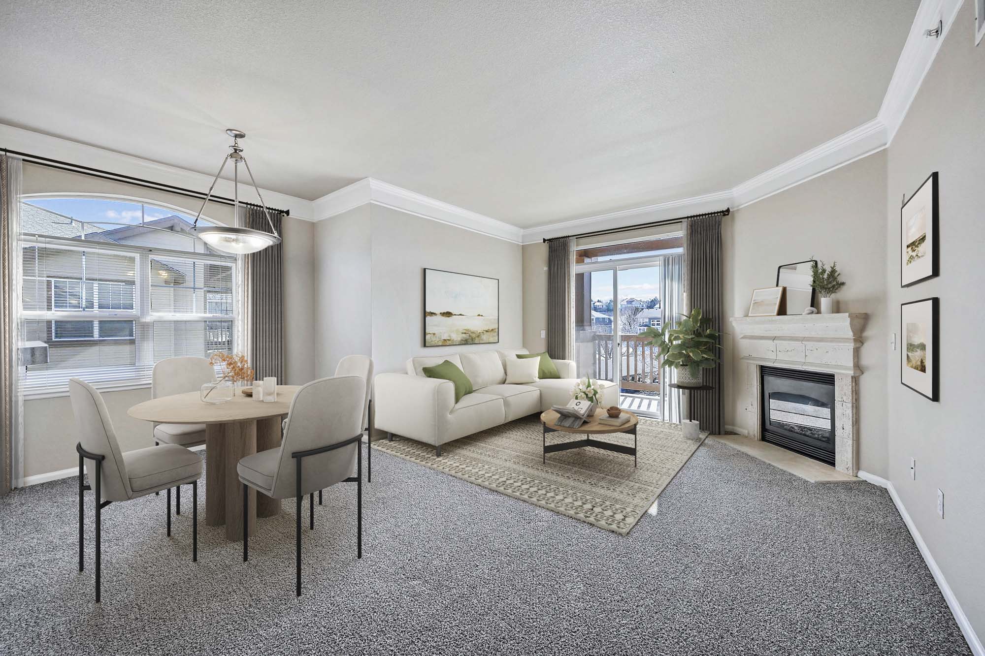 The living area in an apartment at The Village at Legacy Ridge near Denver, Colorado.