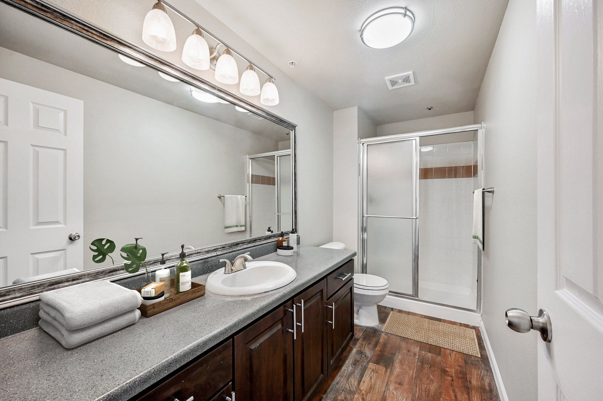 A bathroom in an apartment at The Village at Legacy Ridge near Denver, Colorado.