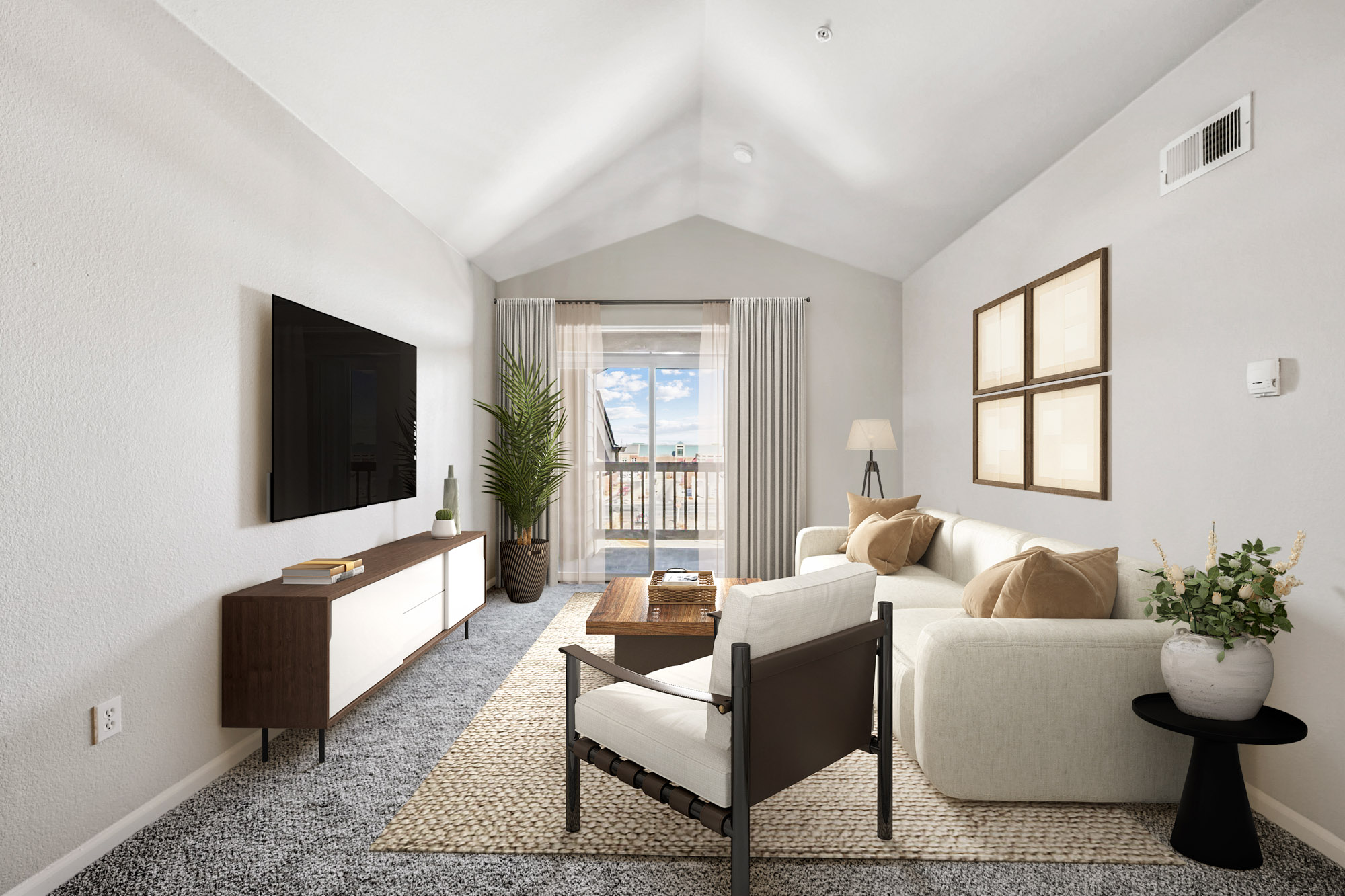 The living area in an apartment at The Village at Legacy Ridge near Denver, Colorado.