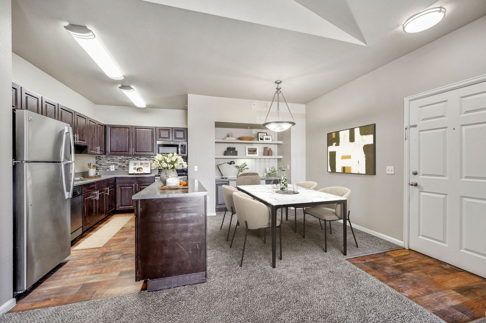 The living area in an apartment at The Village at Legacy Ridge near Denver, Colorado.