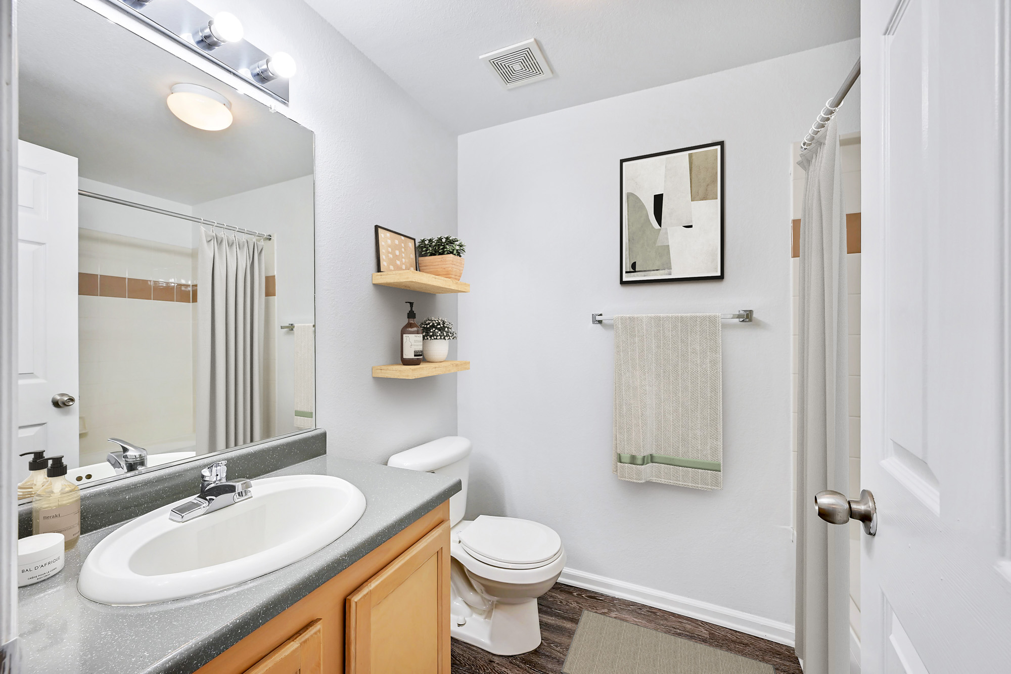 A bathroom in an apartment at The Village at Legacy Ridge near Denver, Colorado.