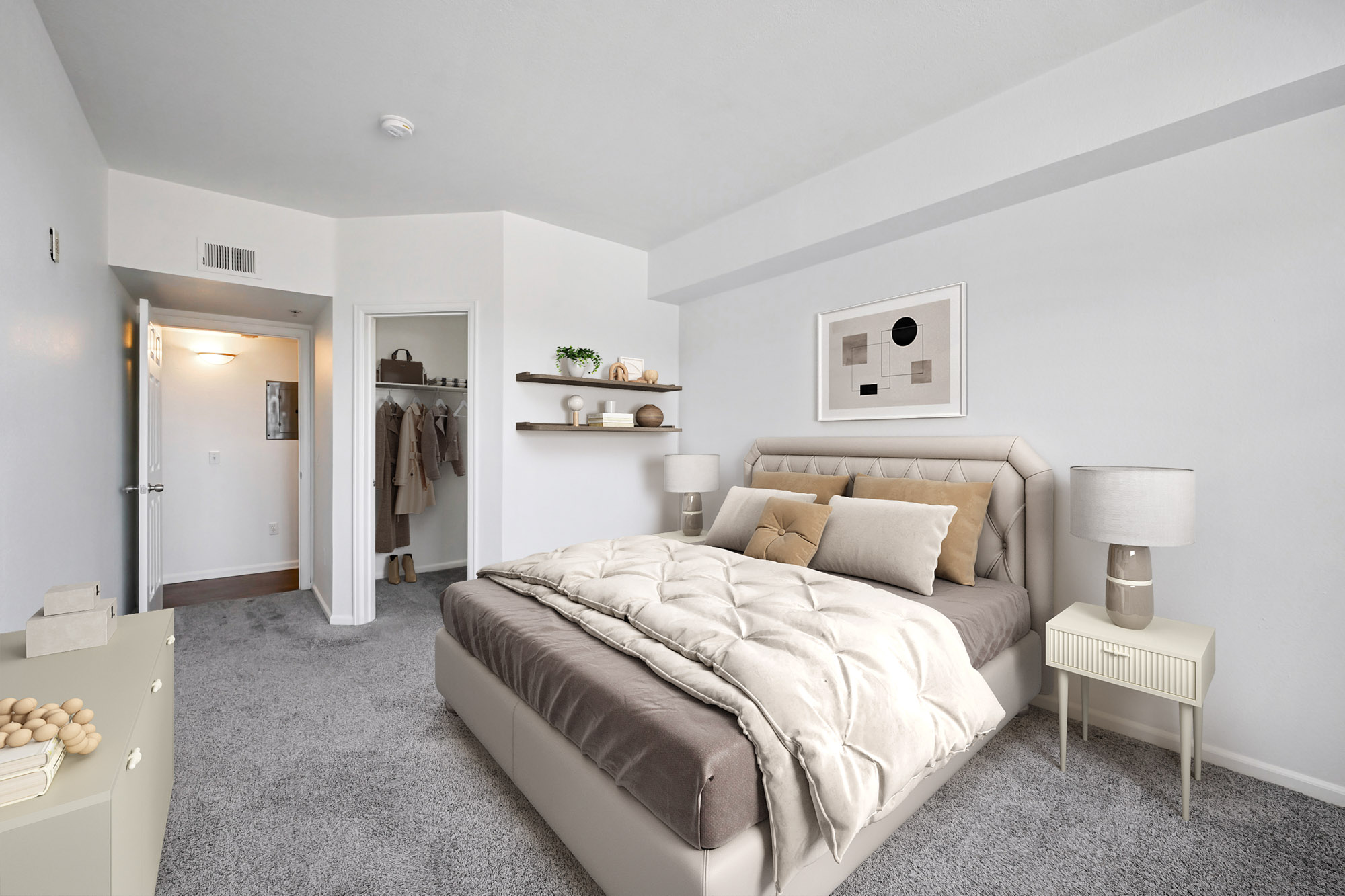 A bedroom in an apartment at The Village at Legacy Ridge near Denver, Colorado.