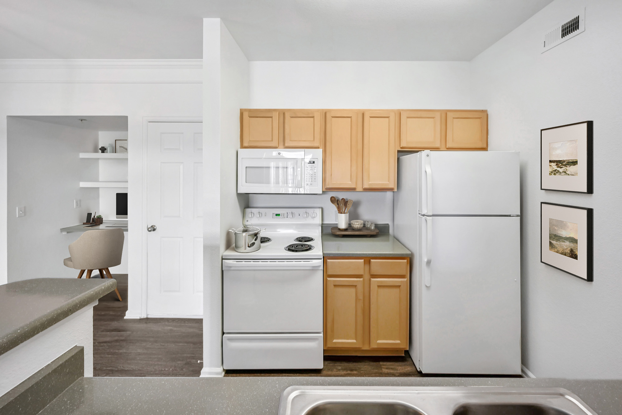 The kitchen in an apartment at The Village at Legacy Ridge near Denver, Colorado.